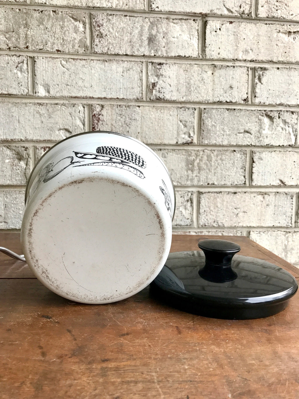 MCM White Enamel Pot | Vegetable Enamel Pots | White Enamel Pot | Mid Century Enamel Kitchen Decor | White and Black Enamel Cookware