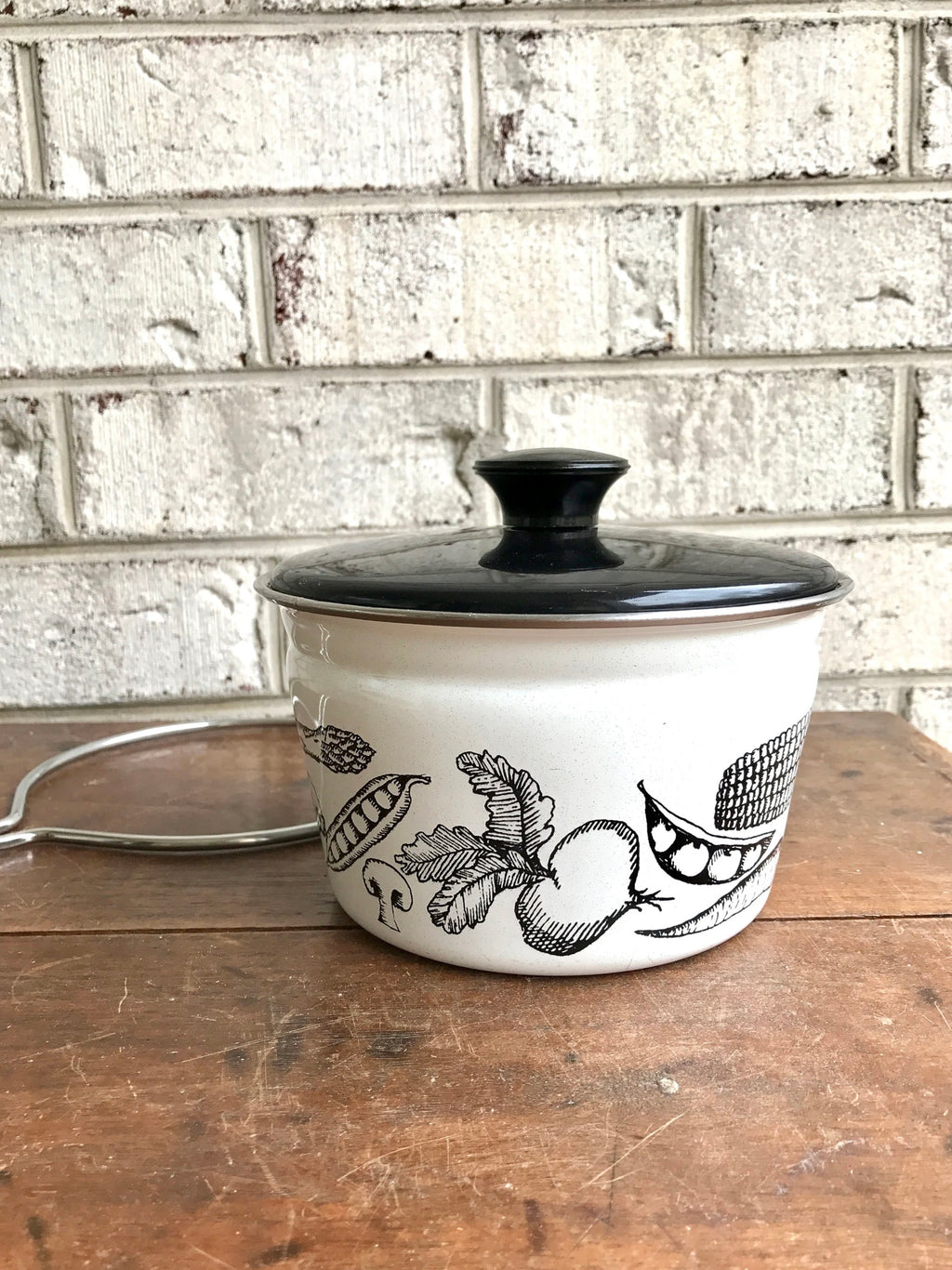 MCM White Enamel Pot | Vegetable Enamel Pots | White Enamel Pot | Mid Century Enamel Kitchen Decor | White and Black Enamel Cookware