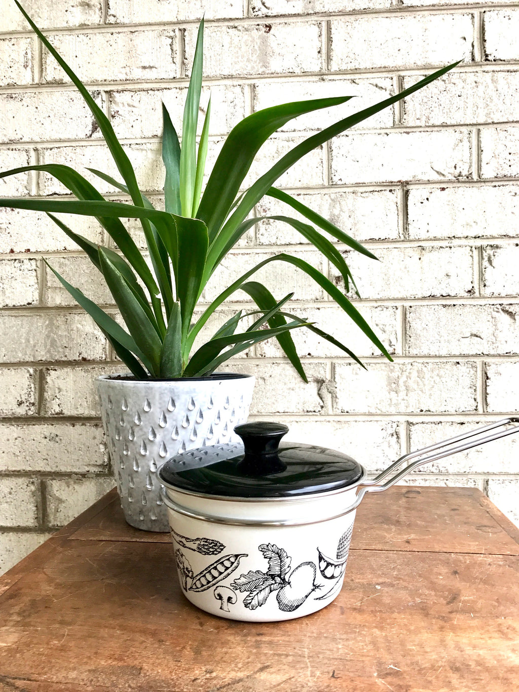 MCM White Enamel Pot | Vegetable Enamel Pots | White Enamel Pot | Mid Century Enamel Kitchen Decor | White and Black Enamel Cookware