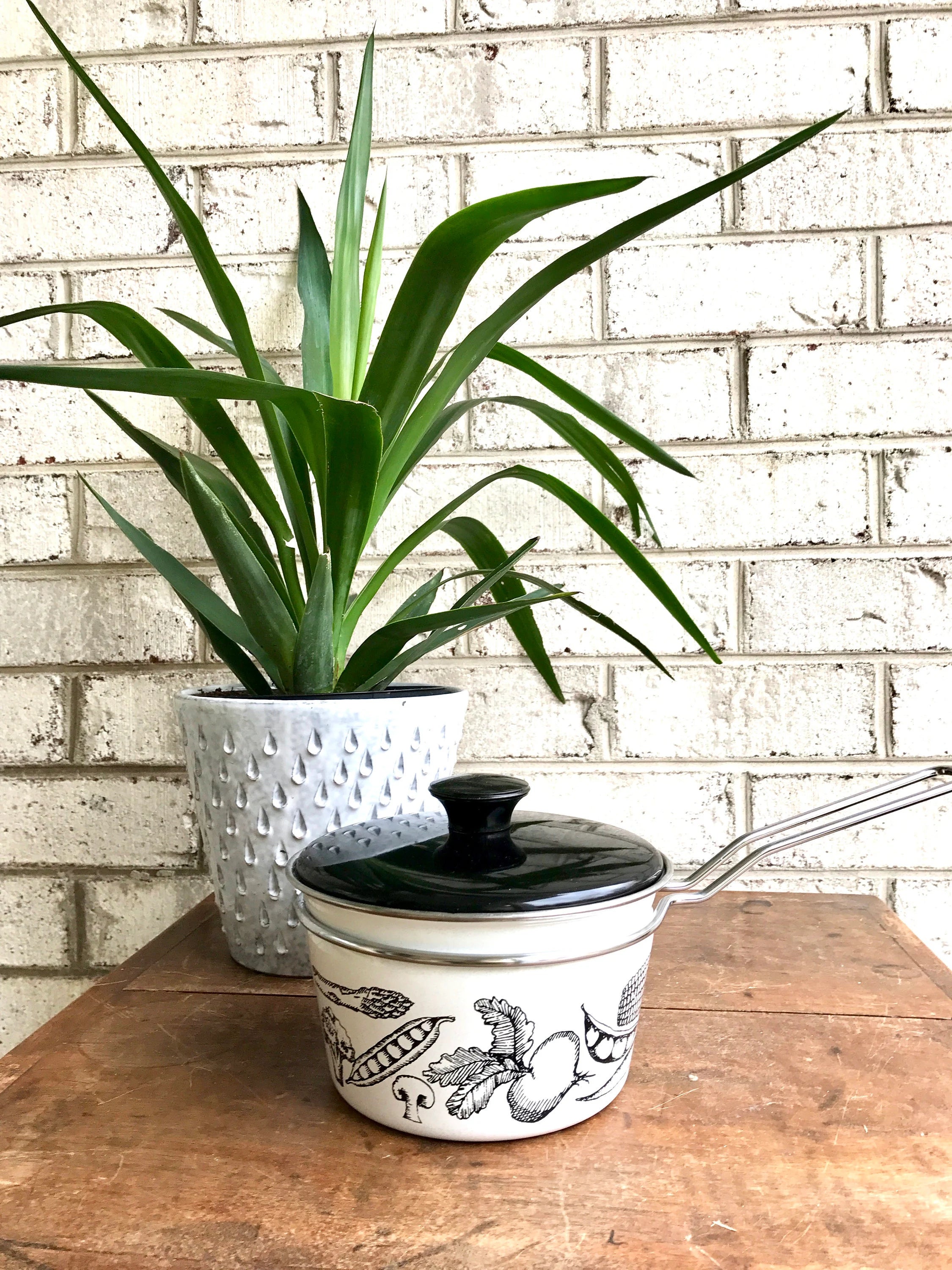 MCM White Enamel Pot | Vegetable Enamel Pots | White Enamel Pot | Mid Century Enamel Kitchen Decor | White and Black Enamel Cookware