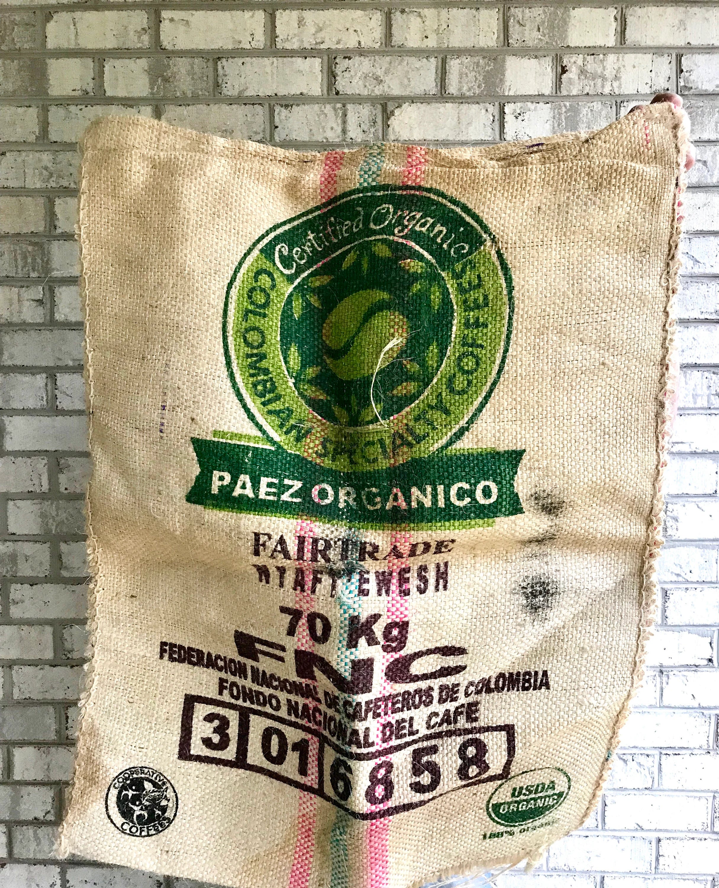 Vintage Columbia Organic Coffee Bean Burlap Sack | Double Sided Coffee Sack | Wall Art | Pillow Case | 36" x 29" | Prop | Cafe Decor