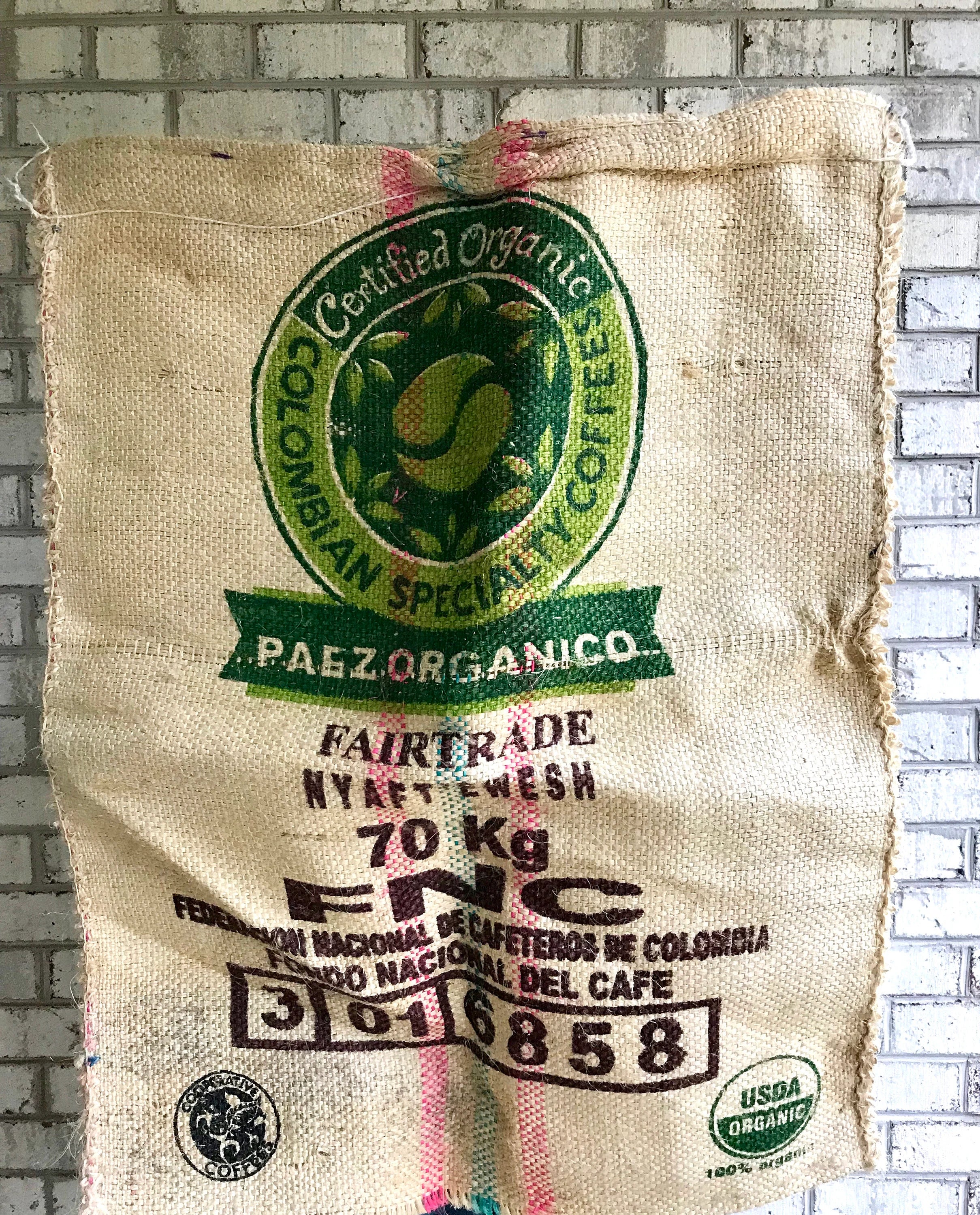 Vintage Columbia Organic Coffee Bean Burlap Sack | Double Sided Coffee Sack | Wall Art | Pillow Case | 36" x 29" | Prop | Cafe Decor