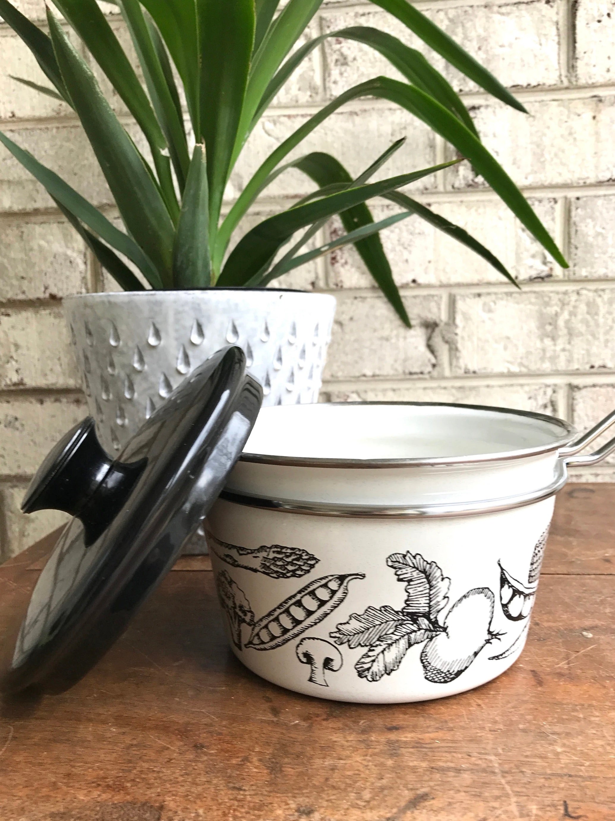 MCM White Enamel Pot | Vegetable Enamel Pots | White Enamel Pot | Mid Century Enamel Kitchen Decor | White and Black Enamel Cookware