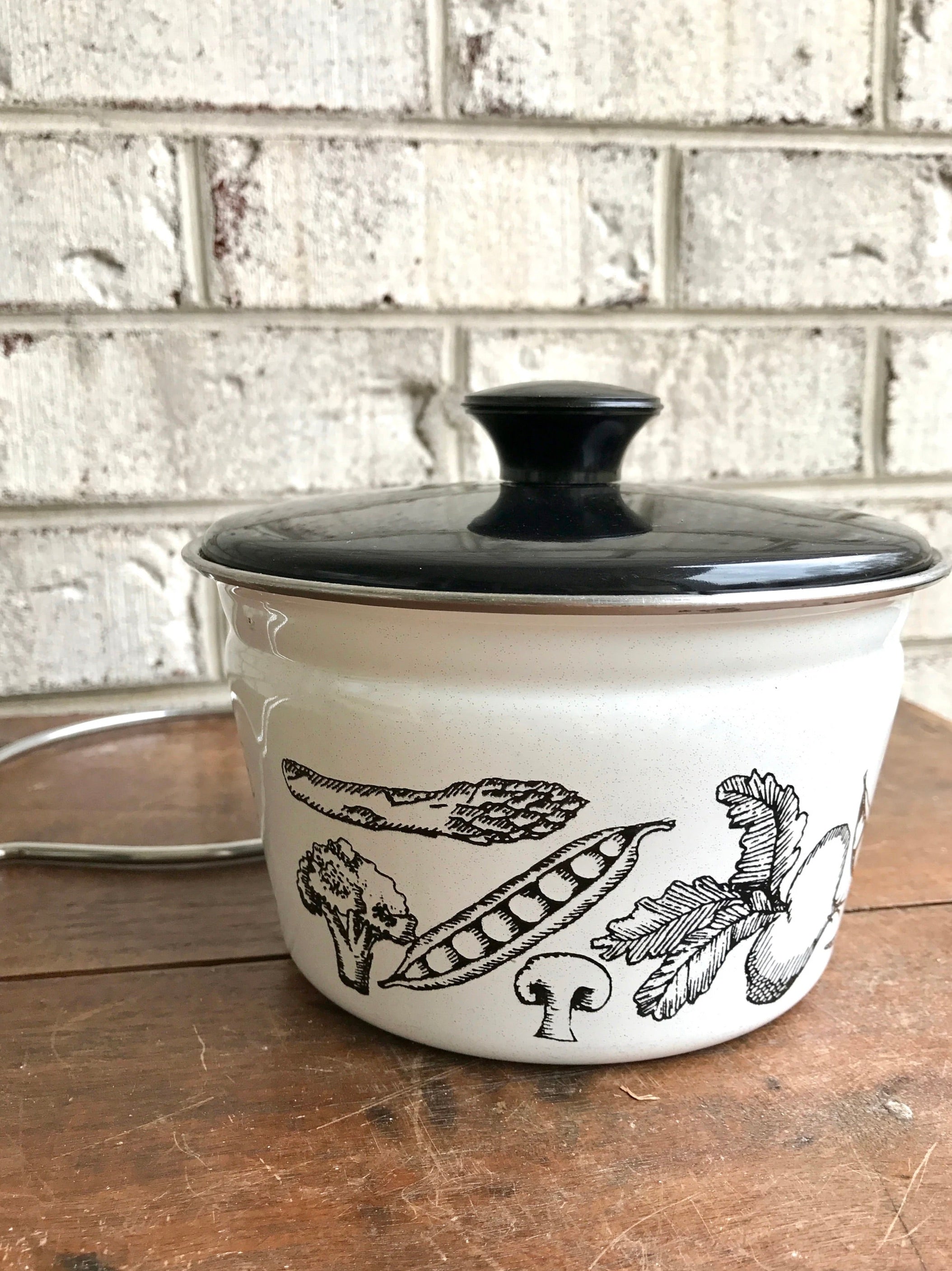 MCM White Enamel Pot | Vegetable Enamel Pots | White Enamel Pot | Mid Century Enamel Kitchen Decor | White and Black Enamel Cookware