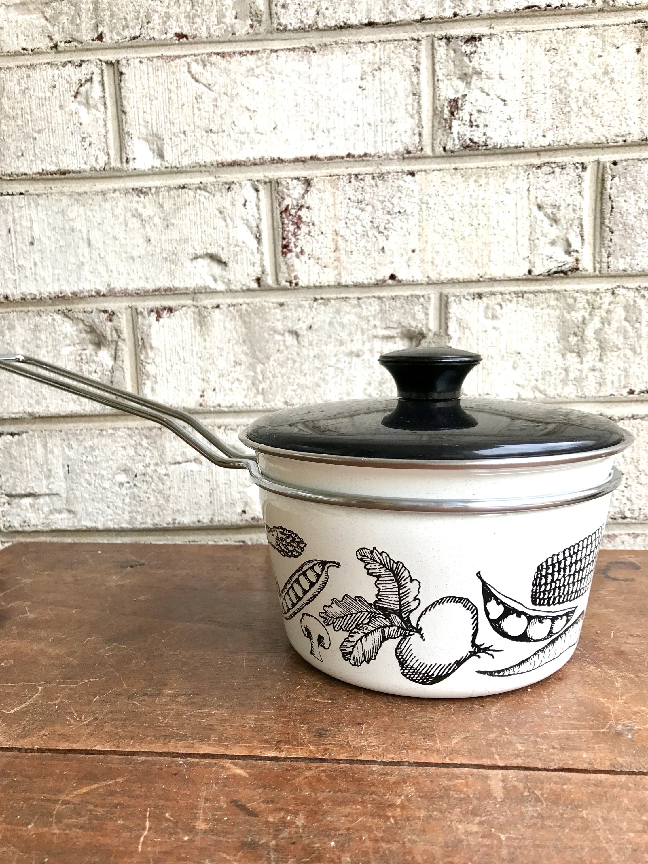 MCM White Enamel Pot | Vegetable Enamel Pots | White Enamel Pot | Mid Century Enamel Kitchen Decor | White and Black Enamel Cookware