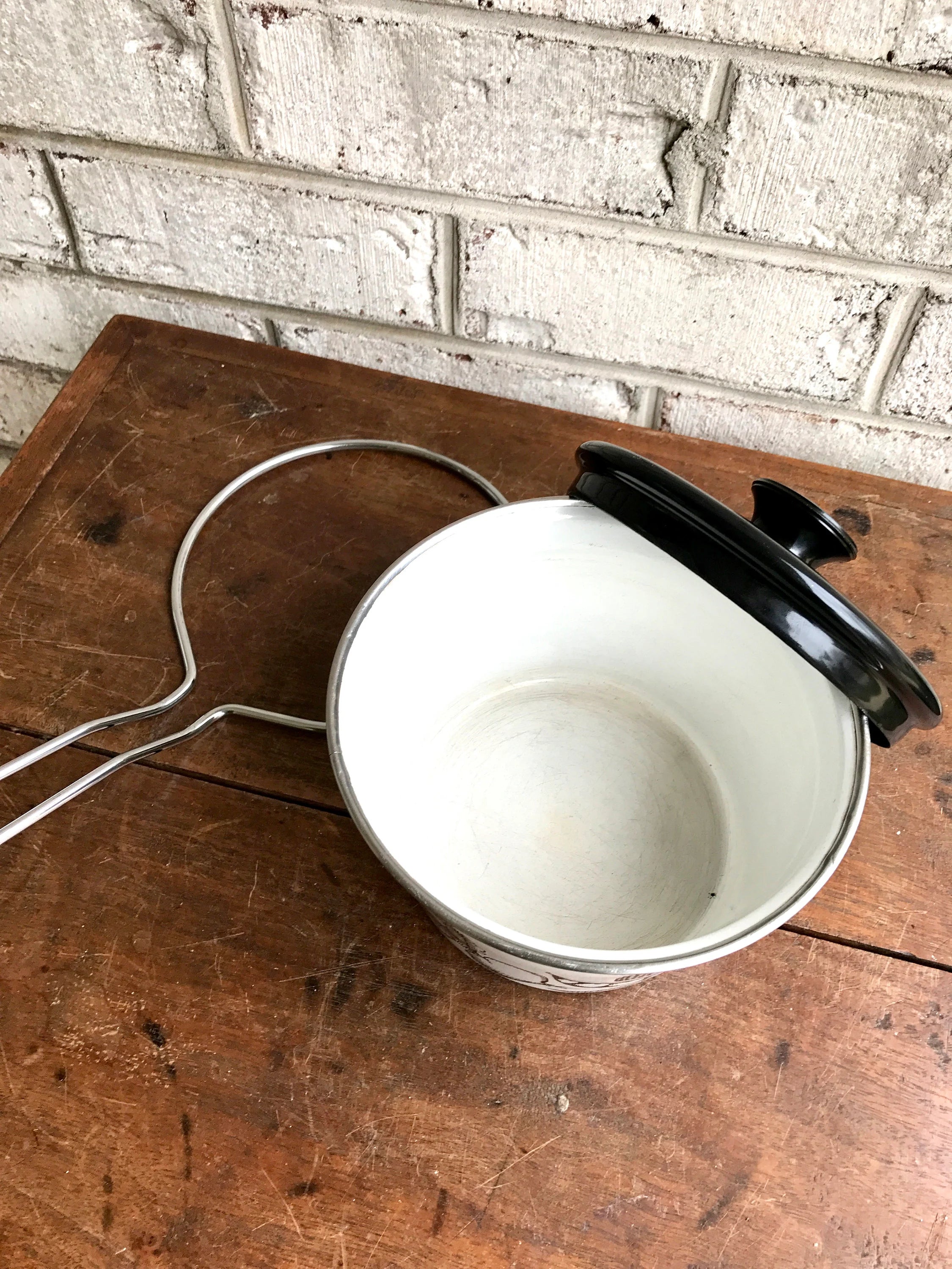MCM White Enamel Pot | Vegetable Enamel Pots | White Enamel Pot | Mid Century Enamel Kitchen Decor | White and Black Enamel Cookware