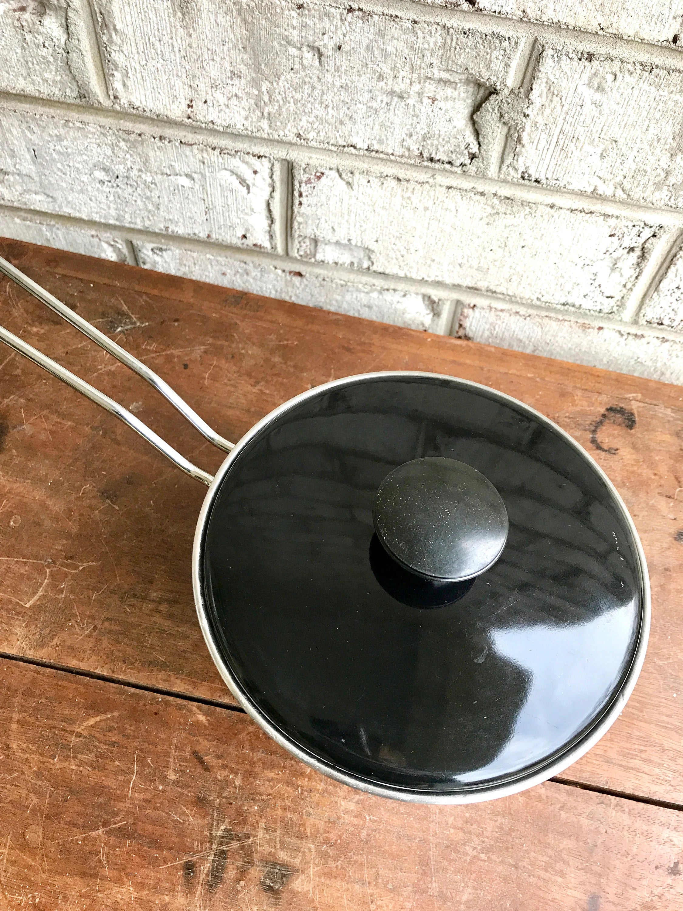 MCM White Enamel Pot | Vegetable Enamel Pots | White Enamel Pot | Mid Century Enamel Kitchen Decor | White and Black Enamel Cookware