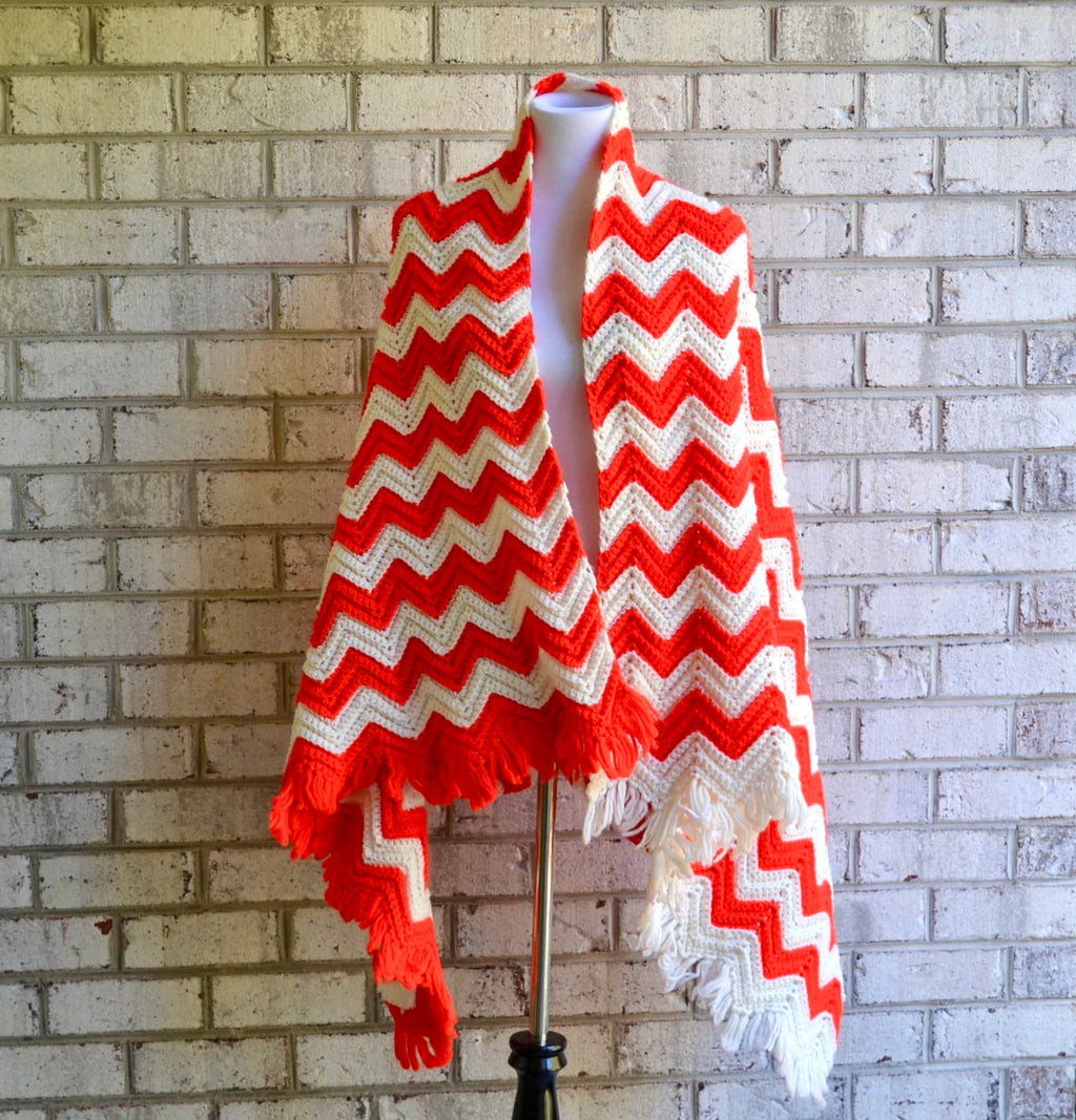 Vtg Afghan Blanket | Two Toned  Zig Zag Crocheted Blanket | Woven Throw Blanket | Knitted Striped Blanket |Travel Throw | Orange & White