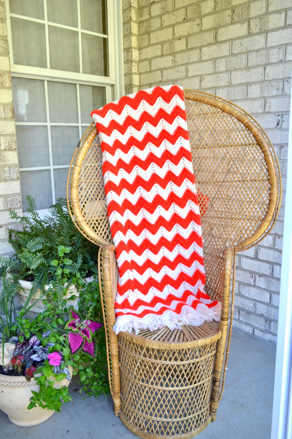 Vtg Afghan Blanket | Two Toned  Zig Zag Crocheted Blanket | Woven Throw Blanket | Knitted Striped Blanket |Travel Throw | Orange & White