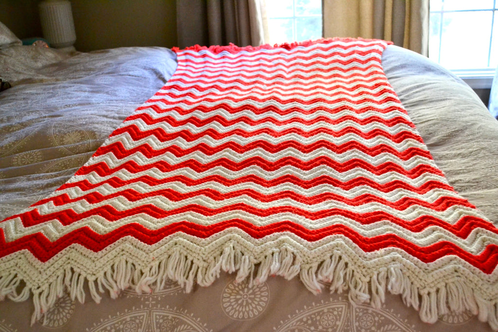 Vtg Afghan Blanket | Two Toned  Zig Zag Crocheted Blanket | Woven Throw Blanket | Knitted Striped Blanket |Travel Throw | Orange & White
