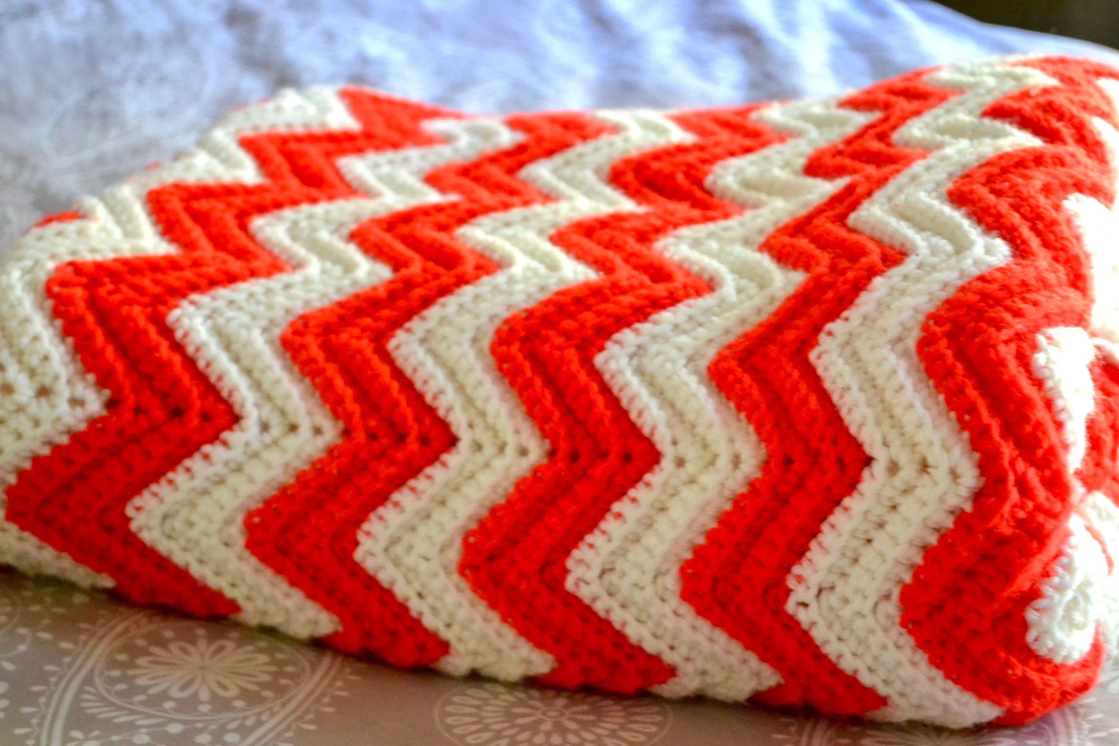 Vtg Afghan Blanket | Two Toned  Zig Zag Crocheted Blanket | Woven Throw Blanket | Knitted Striped Blanket |Travel Throw | Orange & White