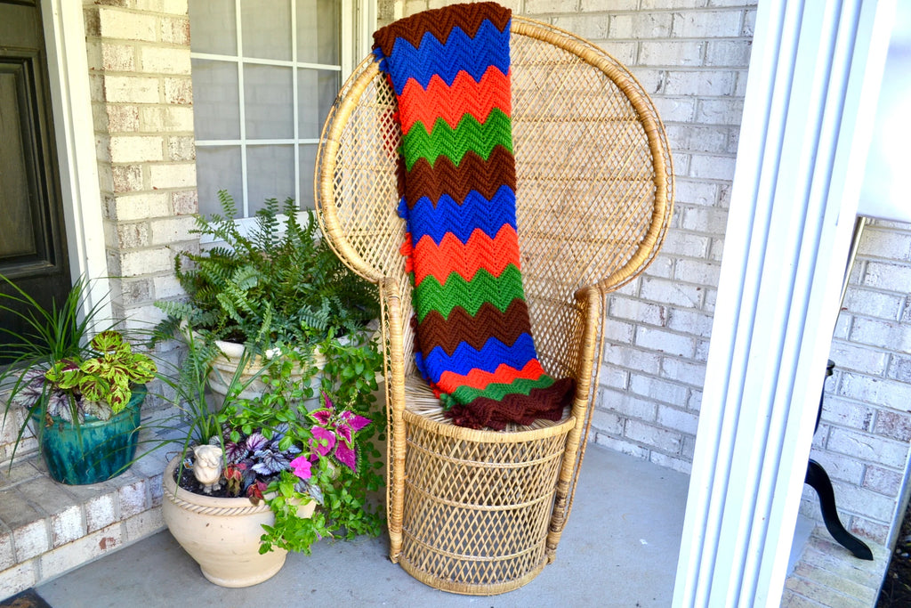 Vtg Afghan Blanket | Multicolored Zig Zag Crocheted Blanket | Woven Throw Blanket | Knitted Striped Blanket | Travel Throw