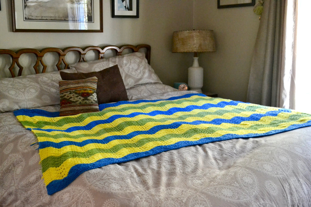Vtg Afghan Wave  Pattern Blanket | Blue, Yellow & Green Crocheted Blanket | Woven Throw Blanket |Knitted Striped Blanket |Travel Throw