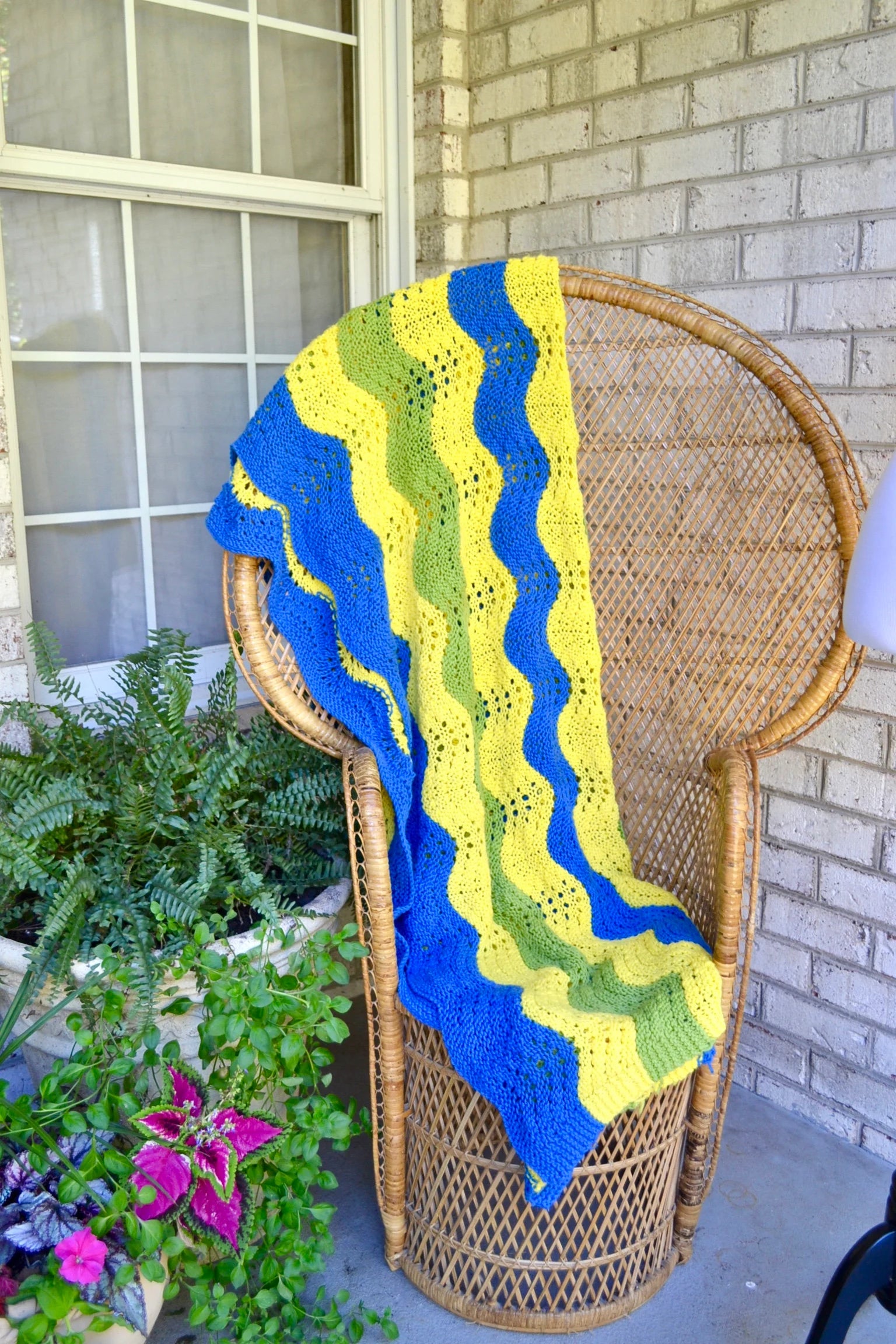 Vtg Afghan Wave  Pattern Blanket | Blue, Yellow & Green Crocheted Blanket | Woven Throw Blanket |Knitted Striped Blanket |Travel Throw