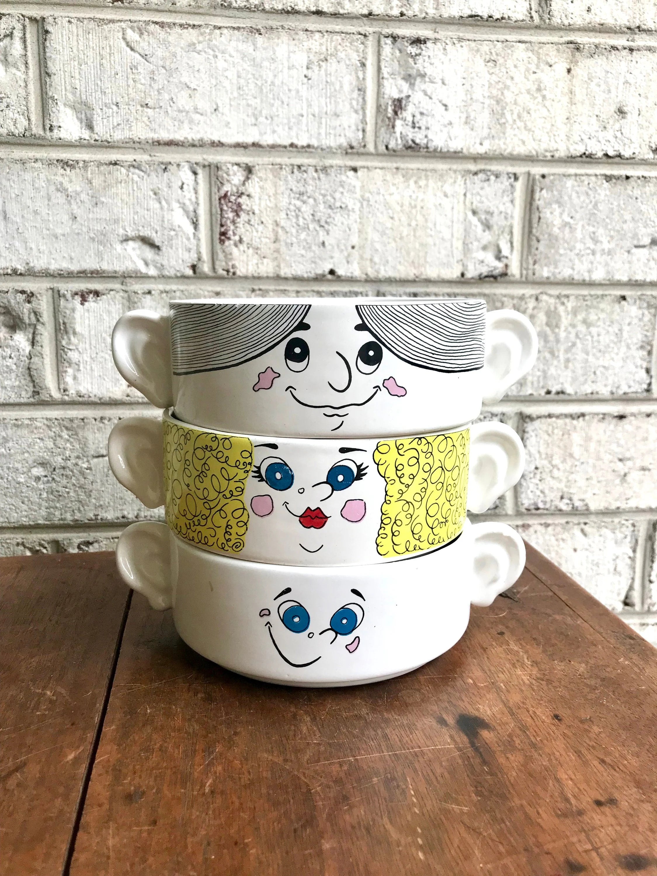 Vtg Children Soup Bowls | Three Piroceramica Soup Bowls | Fun Face Bowls | Oversized Mugs | Ice Cream Bowls | Cereal Bowls