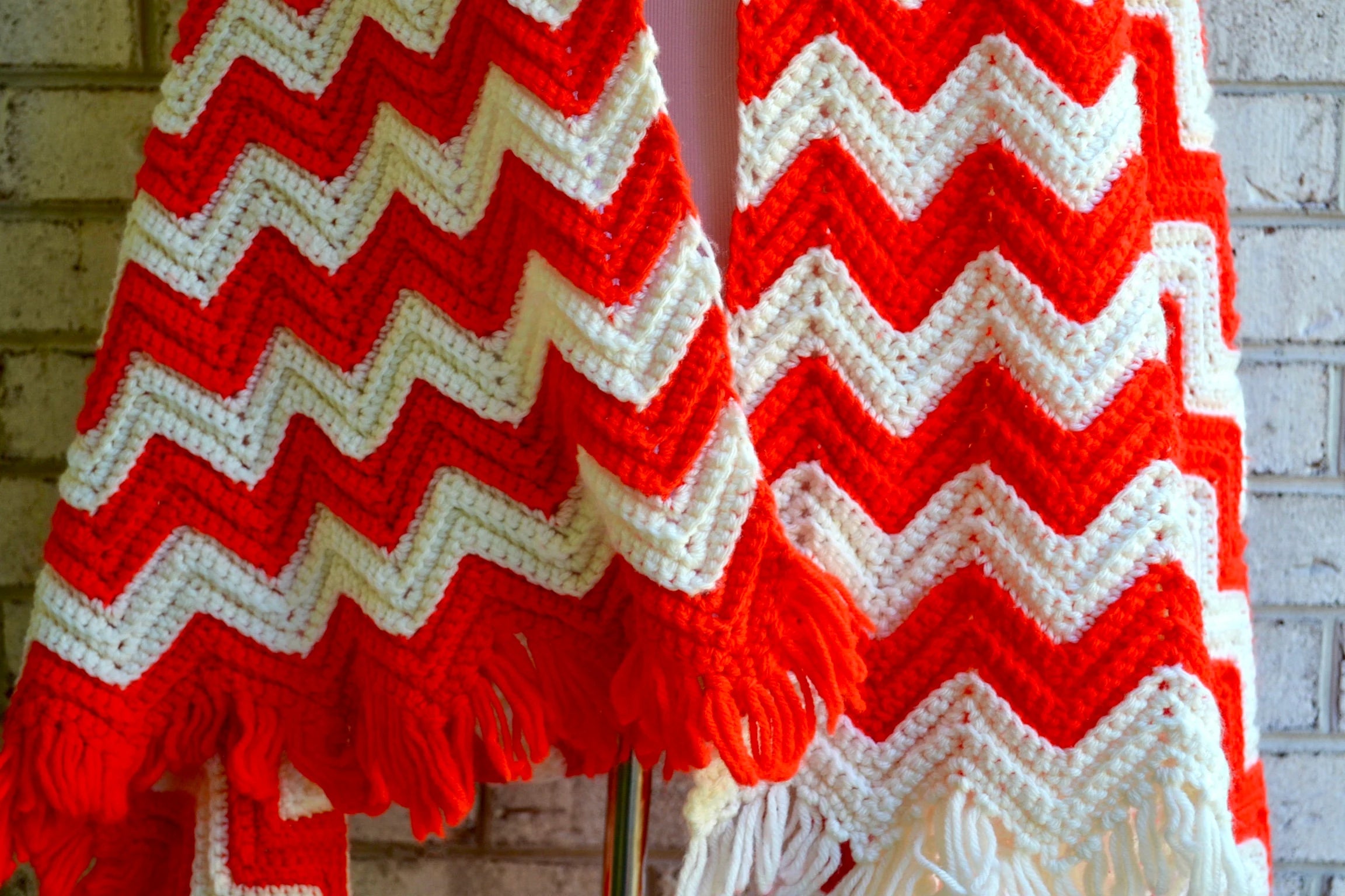 Vtg Afghan Blanket | Two Toned  Zig Zag Crocheted Blanket | Woven Throw Blanket | Knitted Striped Blanket |Travel Throw | Orange & White