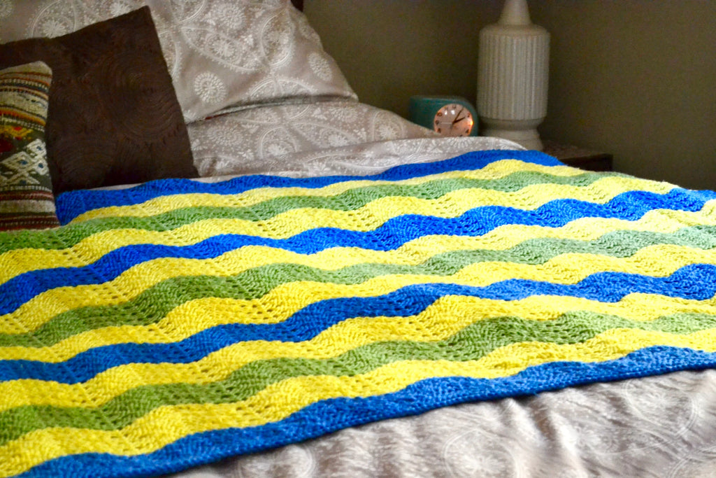 Vtg Afghan Wave  Pattern Blanket | Blue, Yellow & Green Crocheted Blanket | Woven Throw Blanket |Knitted Striped Blanket |Travel Throw