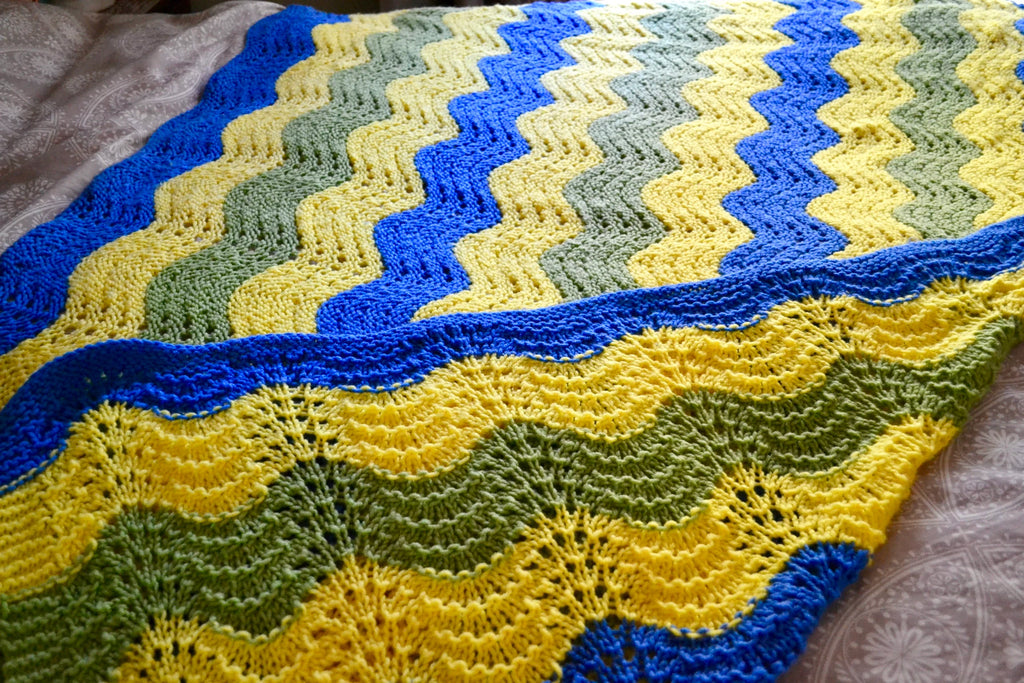 Vtg Afghan Wave  Pattern Blanket | Blue, Yellow & Green Crocheted Blanket | Woven Throw Blanket |Knitted Striped Blanket |Travel Throw