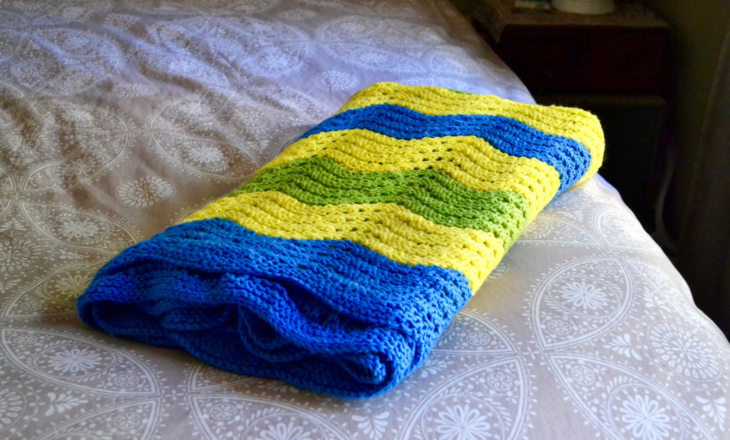 Vtg Afghan Wave  Pattern Blanket | Blue, Yellow & Green Crocheted Blanket | Woven Throw Blanket |Knitted Striped Blanket |Travel Throw