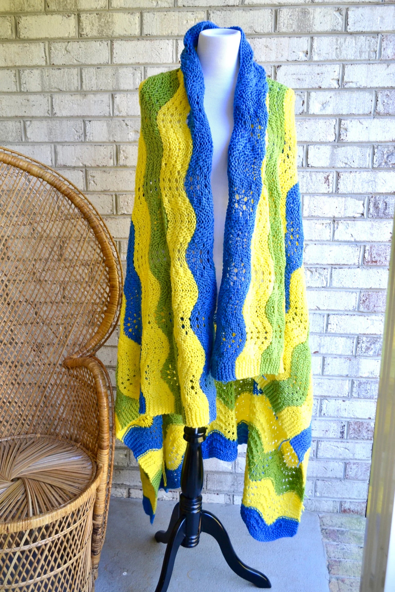 Vtg Afghan Wave  Pattern Blanket | Blue, Yellow & Green Crocheted Blanket | Woven Throw Blanket |Knitted Striped Blanket |Travel Throw