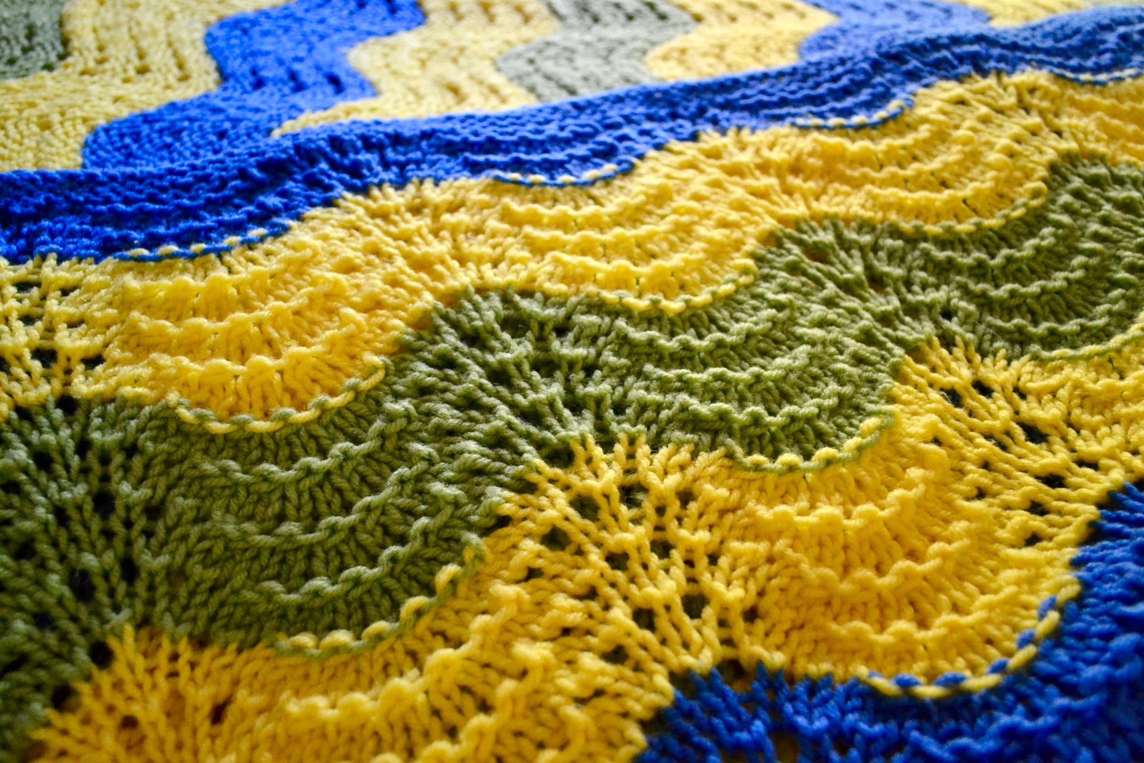 Vtg Afghan Wave  Pattern Blanket | Blue, Yellow & Green Crocheted Blanket | Woven Throw Blanket |Knitted Striped Blanket |Travel Throw