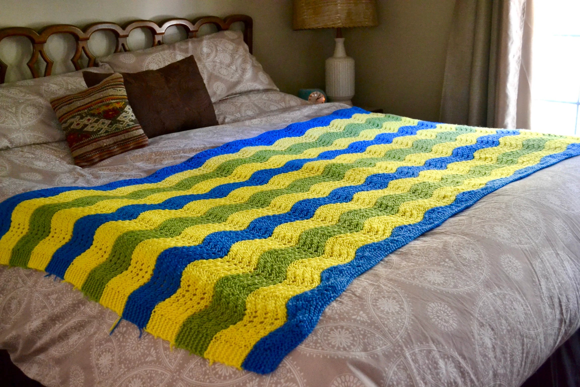 Vtg Afghan Wave  Pattern Blanket | Blue, Yellow & Green Crocheted Blanket | Woven Throw Blanket |Knitted Striped Blanket |Travel Throw