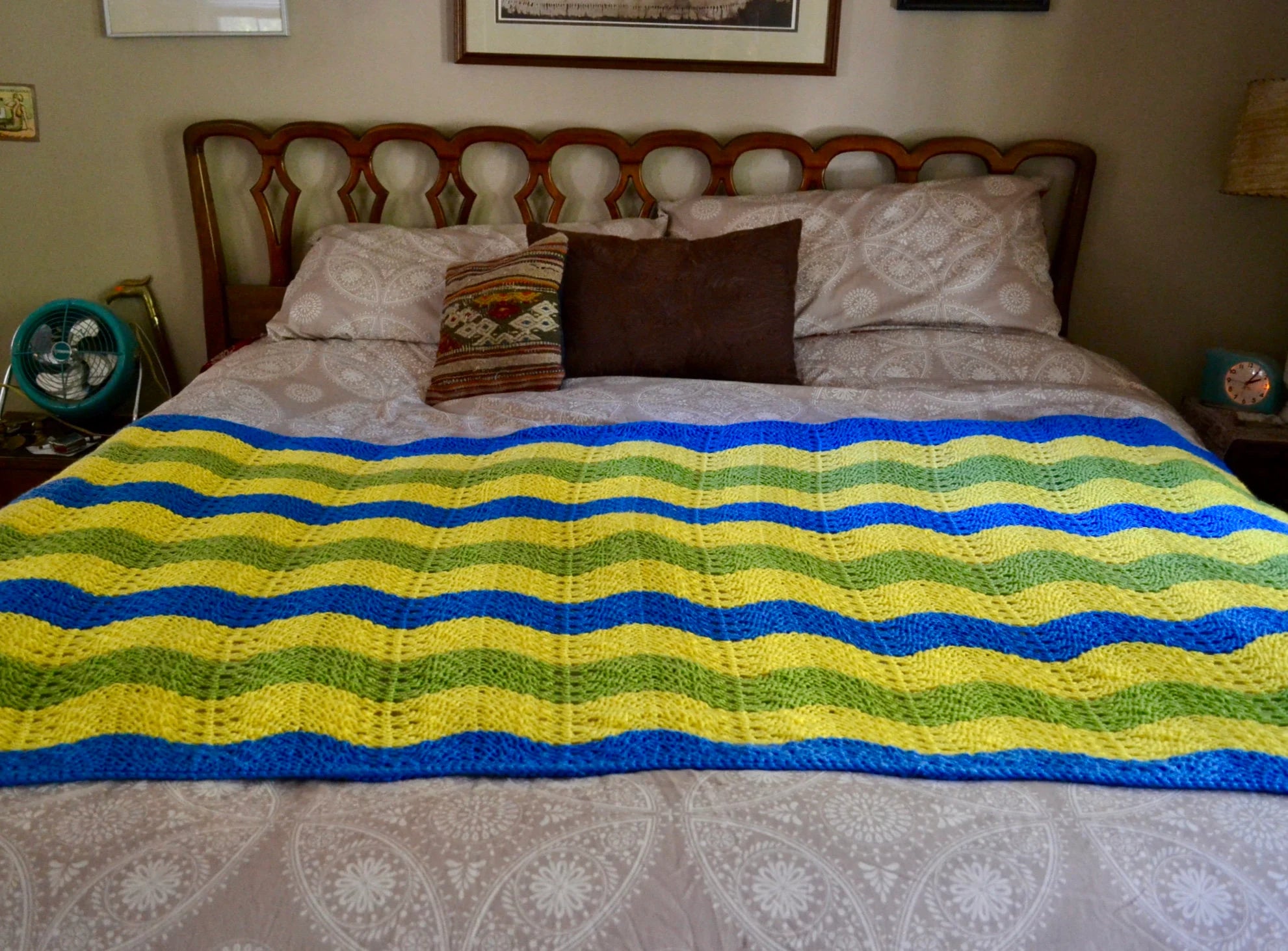 Vtg Afghan Wave  Pattern Blanket | Blue, Yellow & Green Crocheted Blanket | Woven Throw Blanket |Knitted Striped Blanket |Travel Throw