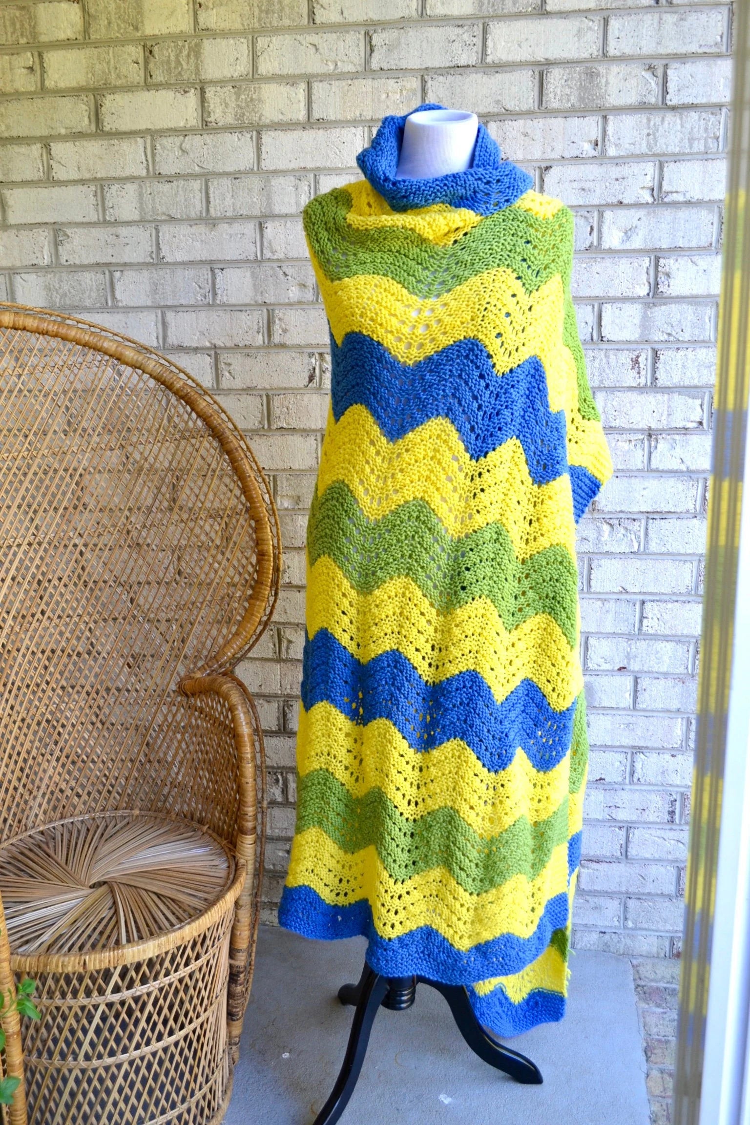 Vtg Afghan Wave  Pattern Blanket | Blue, Yellow & Green Crocheted Blanket | Woven Throw Blanket |Knitted Striped Blanket |Travel Throw