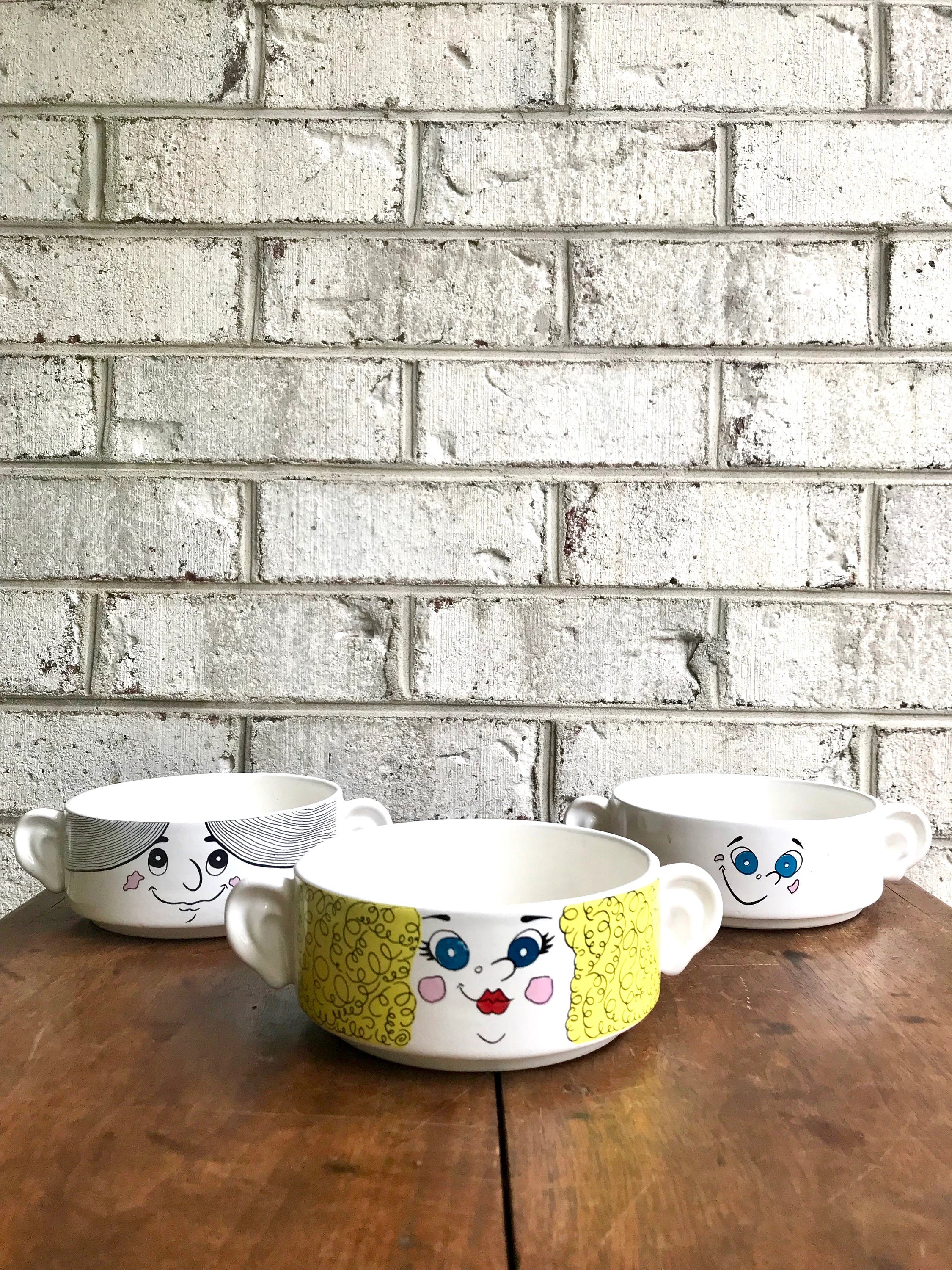 Vtg Children Soup Bowls | Three Piroceramica Soup Bowls | Fun Face Bowls | Oversized Mugs | Ice Cream Bowls | Cereal Bowls