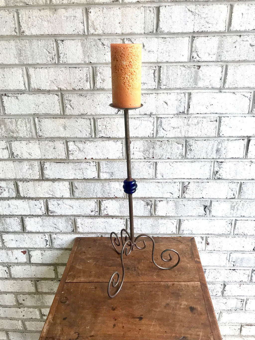 Vintage Iron Candle Stick | Rod Iron Candle Holder With Blue Glass Bead | Wrought Iron Candelabra | Bare Steel Twisted Metal Candle Stands