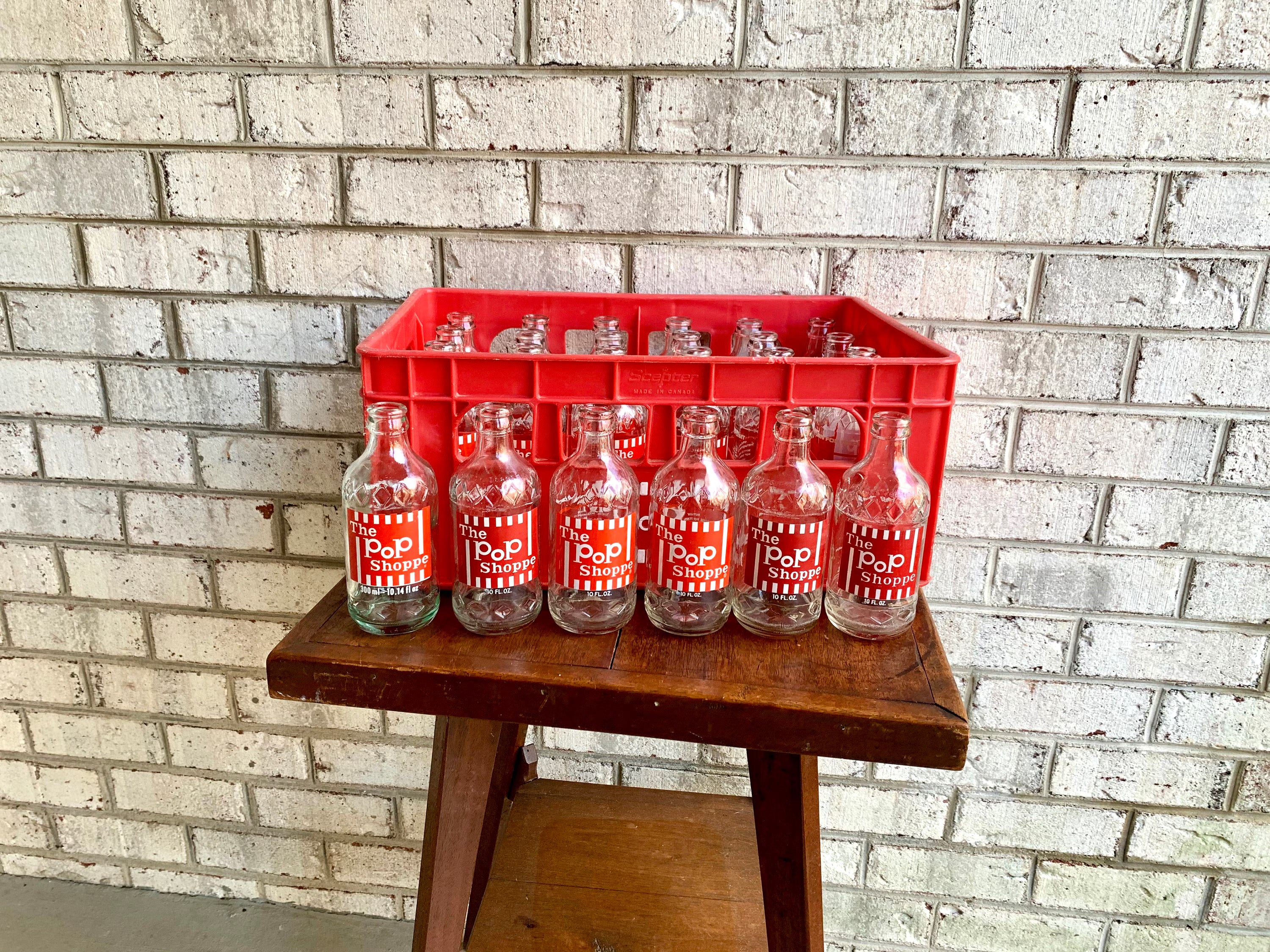 The Pop Shoppe Soda Crate and 24 Bottles | Case of The Pop Shoppe Soda Bottles | Advertisement Collectible Bottles | Vintage Soda Bottles