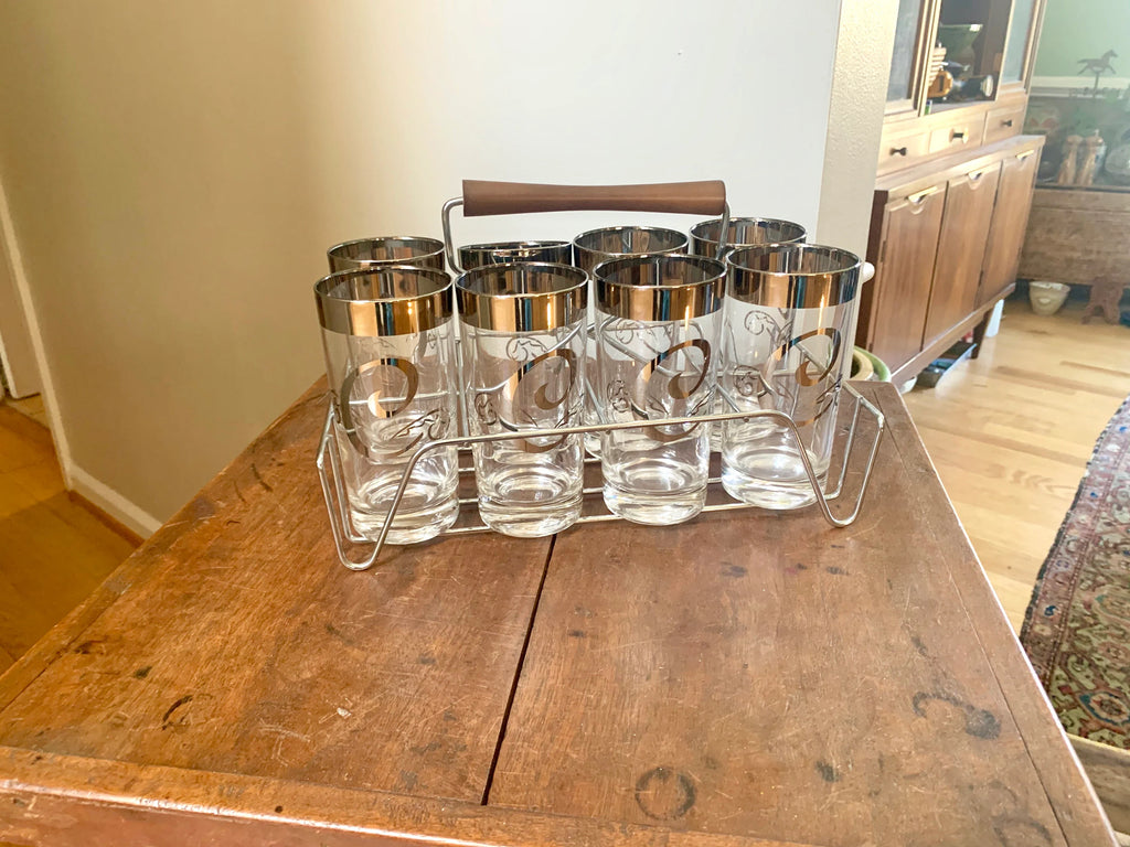 Vtg Set of 8 MCM Glasses with Caddy | Dorothy Thorpe Glasses | Silver Rimmed Glasses With Caddy | "C" Monogrammed Tumbler Glasses