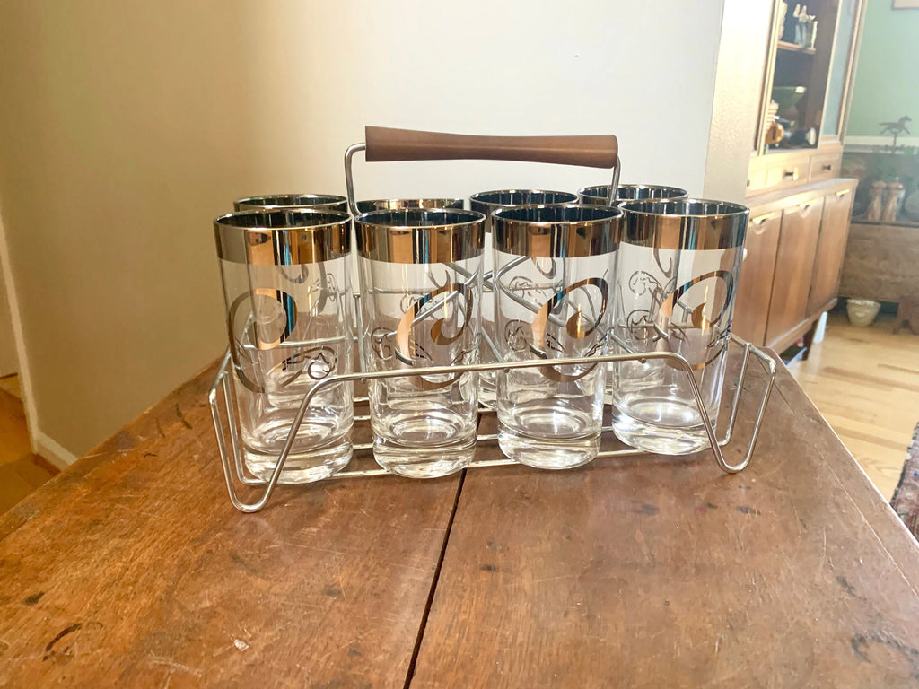 Vtg Set of 8 MCM Glasses with Caddy | Dorothy Thorpe Glasses | Silver Rimmed Glasses With Caddy | "C" Monogrammed Tumbler Glasses