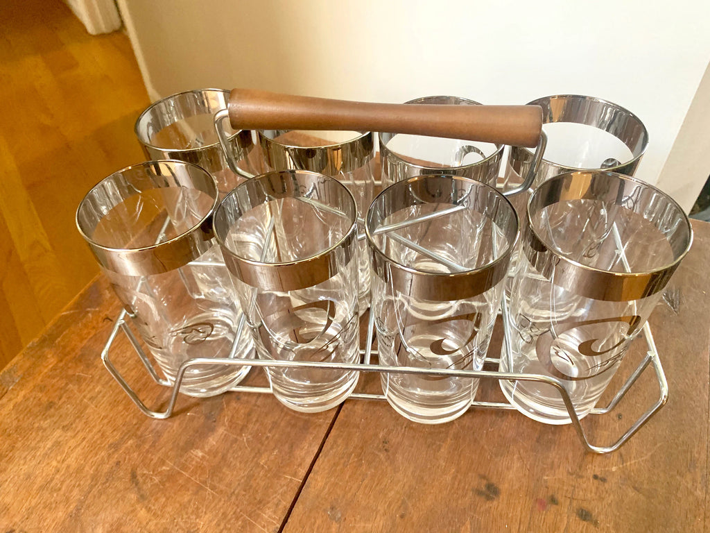 Vtg Set of 8 MCM Glasses with Caddy | Dorothy Thorpe Glasses | Silver Rimmed Glasses With Caddy | "C" Monogrammed Tumbler Glasses