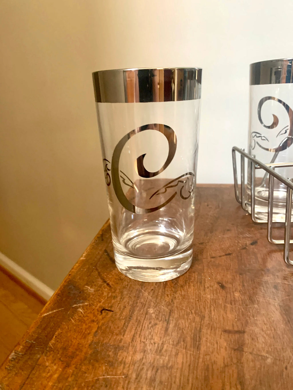 Vtg Set of 8 MCM Glasses with Caddy | Dorothy Thorpe Glasses | Silver Rimmed Glasses With Caddy | "C" Monogrammed Tumbler Glasses
