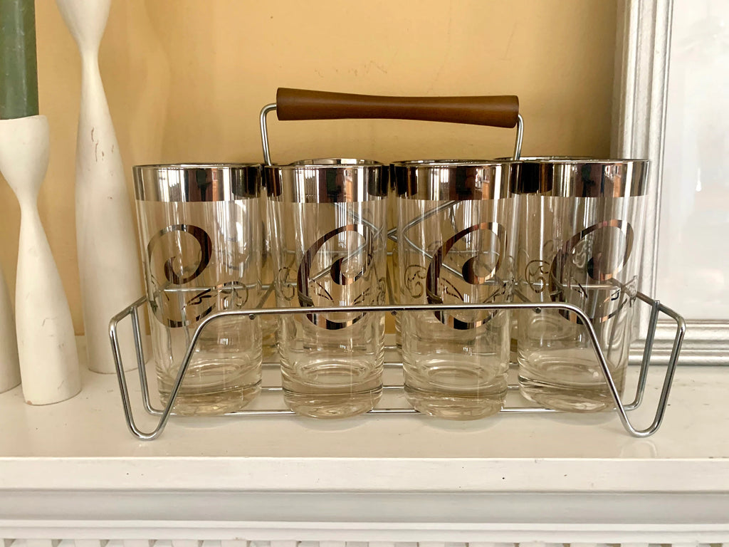 Vtg Set of 8 MCM Glasses with Caddy | Dorothy Thorpe Glasses | Silver Rimmed Glasses With Caddy | "C" Monogrammed Tumbler Glasses