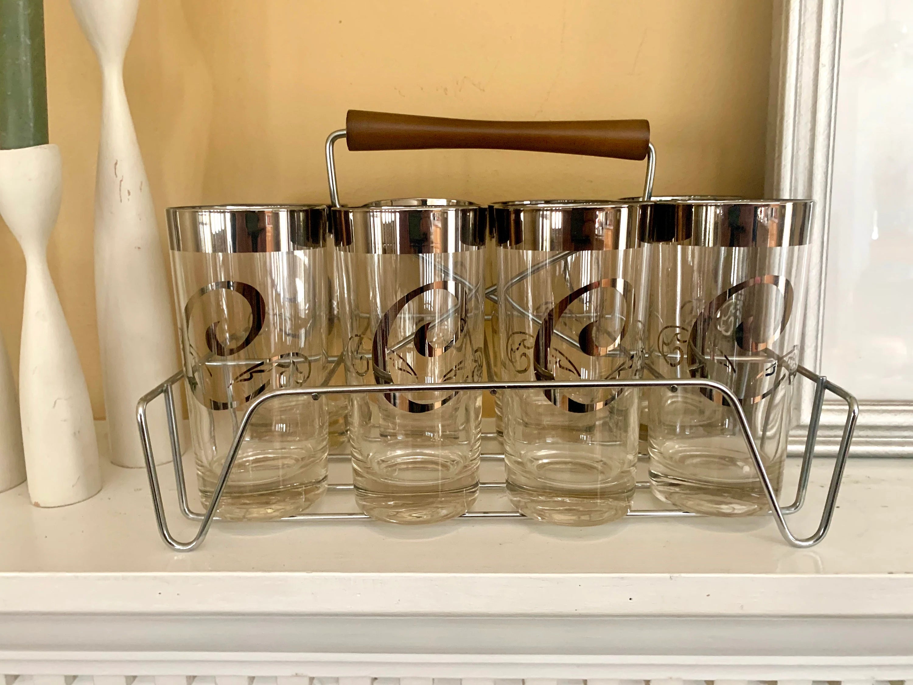 Vtg Set of 8 MCM Glasses with Caddy | Dorothy Thorpe Glasses | Silver Rimmed Glasses With Caddy | "C" Monogrammed Tumbler Glasses