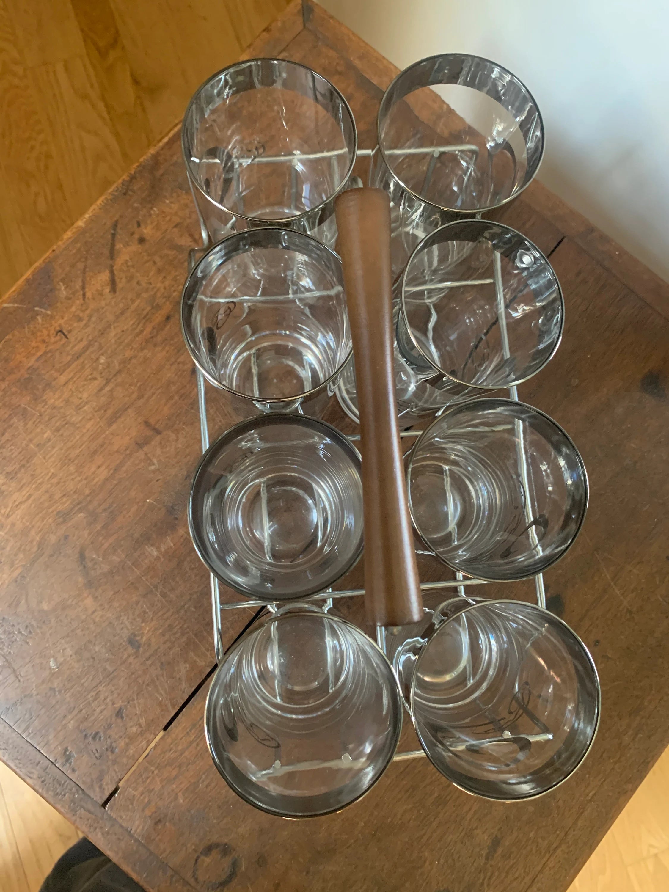 Vtg Set of 8 MCM Glasses with Caddy | Dorothy Thorpe Glasses | Silver Rimmed Glasses With Caddy | "C" Monogrammed Tumbler Glasses
