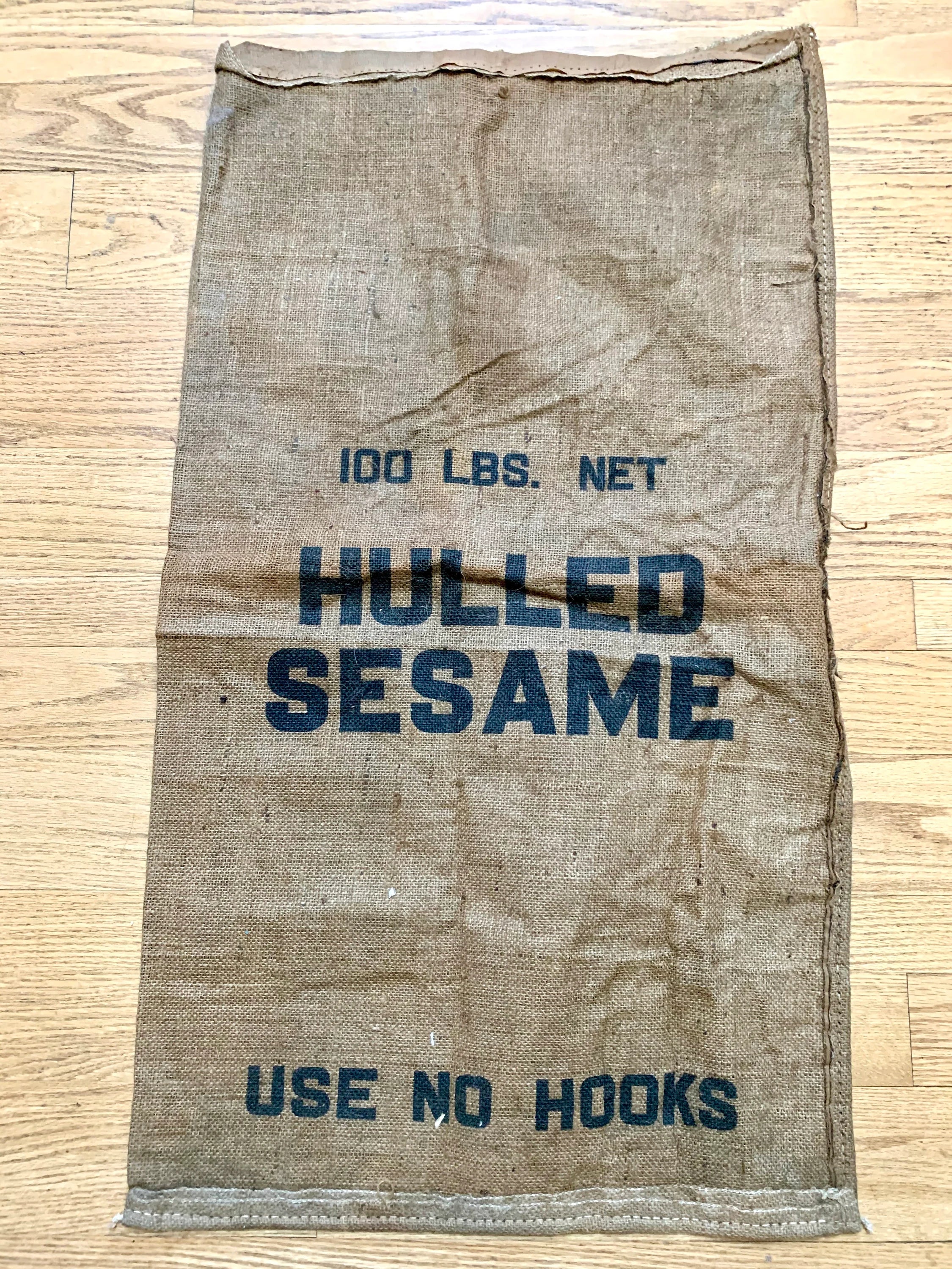 Vintage Hulled Sesame Burlap Sack | Single Sided Sesame Sack | Wall Art | Pillow Case | 38" x 21" | Prop | Valley Baking Co. Waynesboro VA