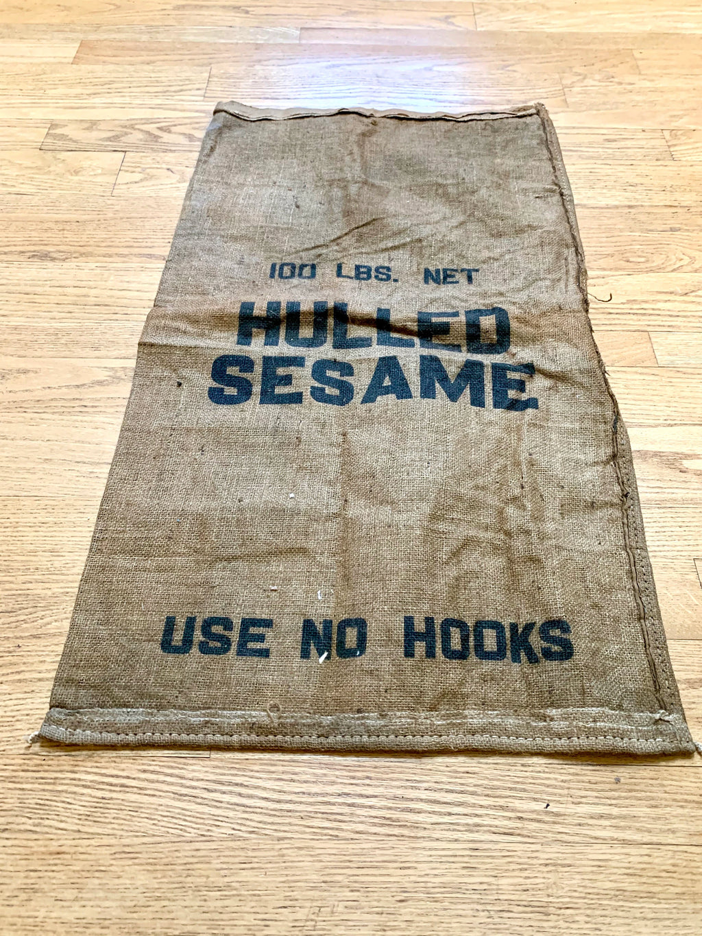 Vintage Hulled Sesame Burlap Sack | Single Sided Sesame Sack | Wall Art | Pillow Case | 38" x 21" | Prop | Valley Baking Co. Waynesboro VA