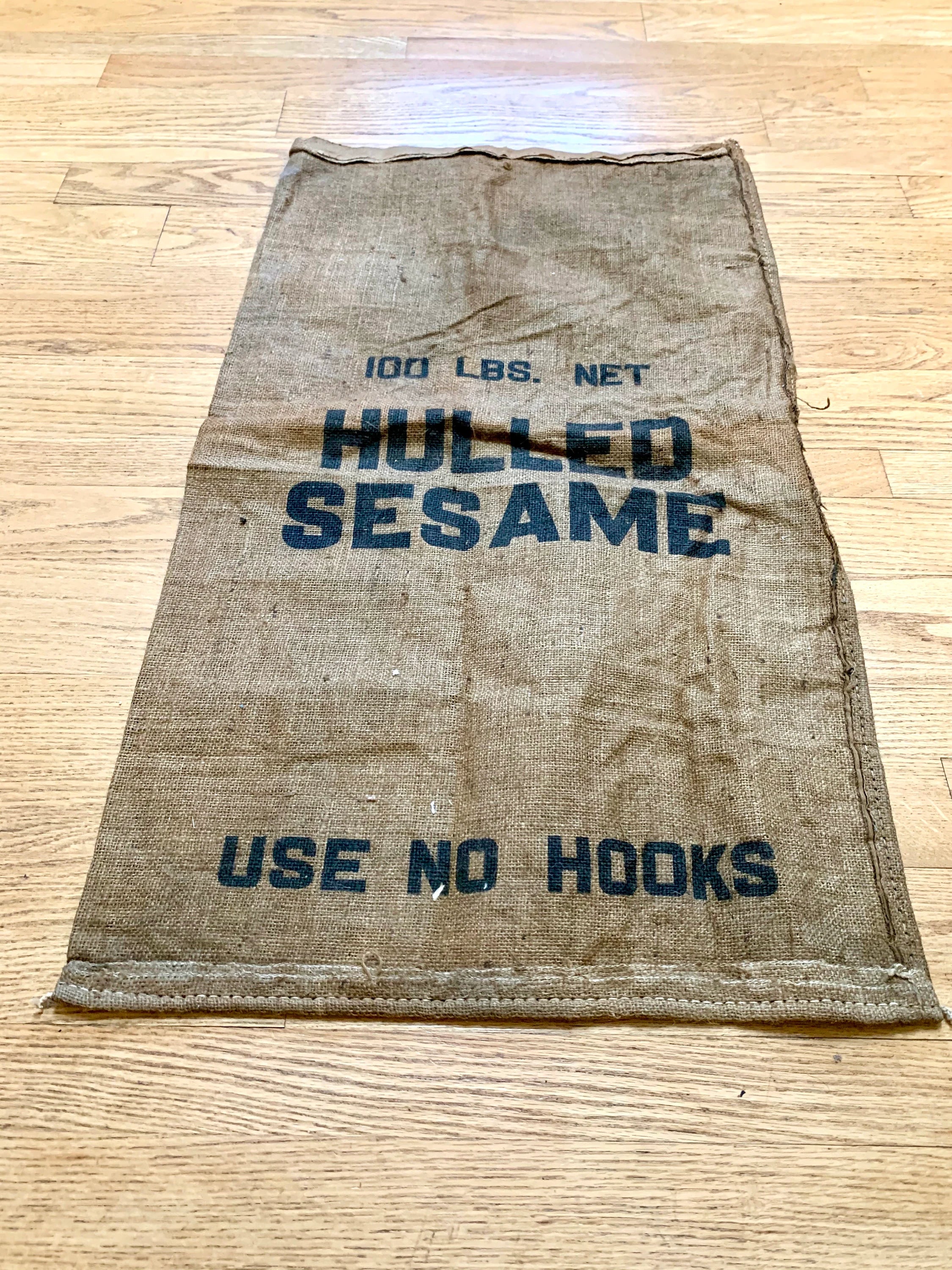Vintage Hulled Sesame Burlap Sack | Single Sided Sesame Sack | Wall Art | Pillow Case | 38" x 21" | Prop | Valley Baking Co. Waynesboro VA