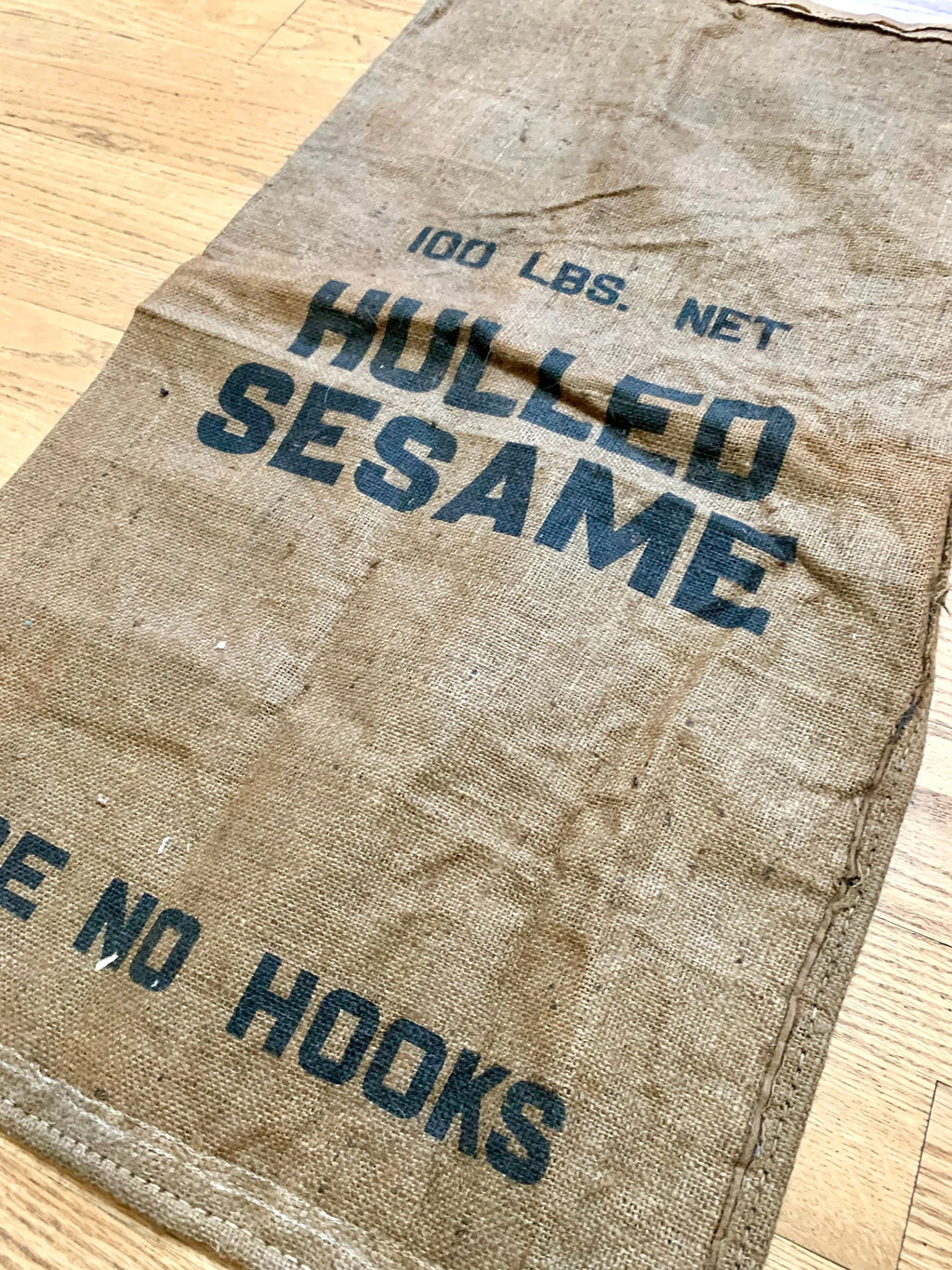 Vintage Hulled Sesame Burlap Sack | Single Sided Sesame Sack | Wall Art | Pillow Case | 38" x 21" | Prop | Valley Baking Co. Waynesboro VA