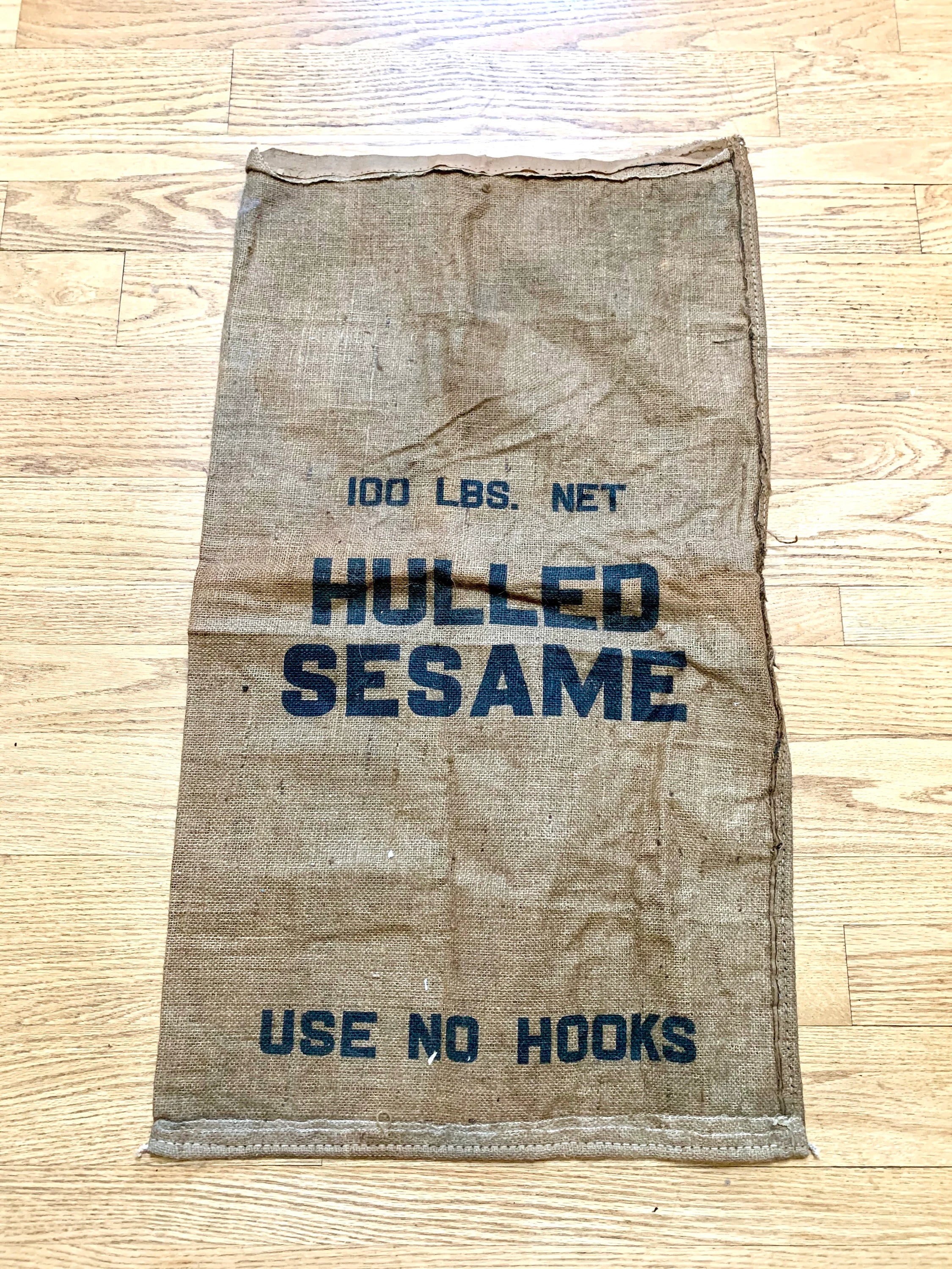 Vintage Hulled Sesame Burlap Sack | Single Sided Sesame Sack | Wall Art | Pillow Case | 38" x 21" | Prop | Valley Baking Co. Waynesboro VA