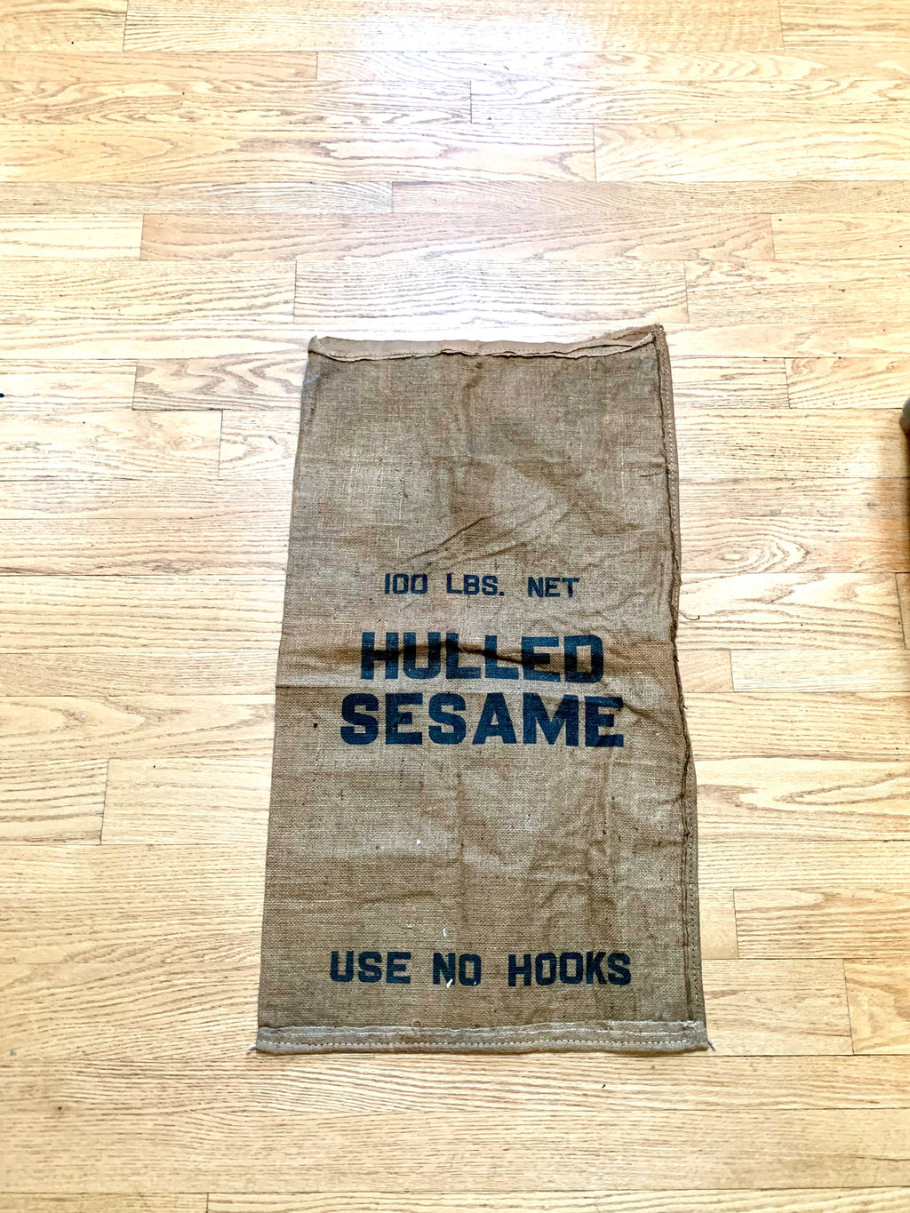 Vintage Hulled Sesame Burlap Sack | Single Sided Sesame Sack | Wall Art | Pillow Case | 38" x 21" | Prop | Valley Baking Co. Waynesboro VA