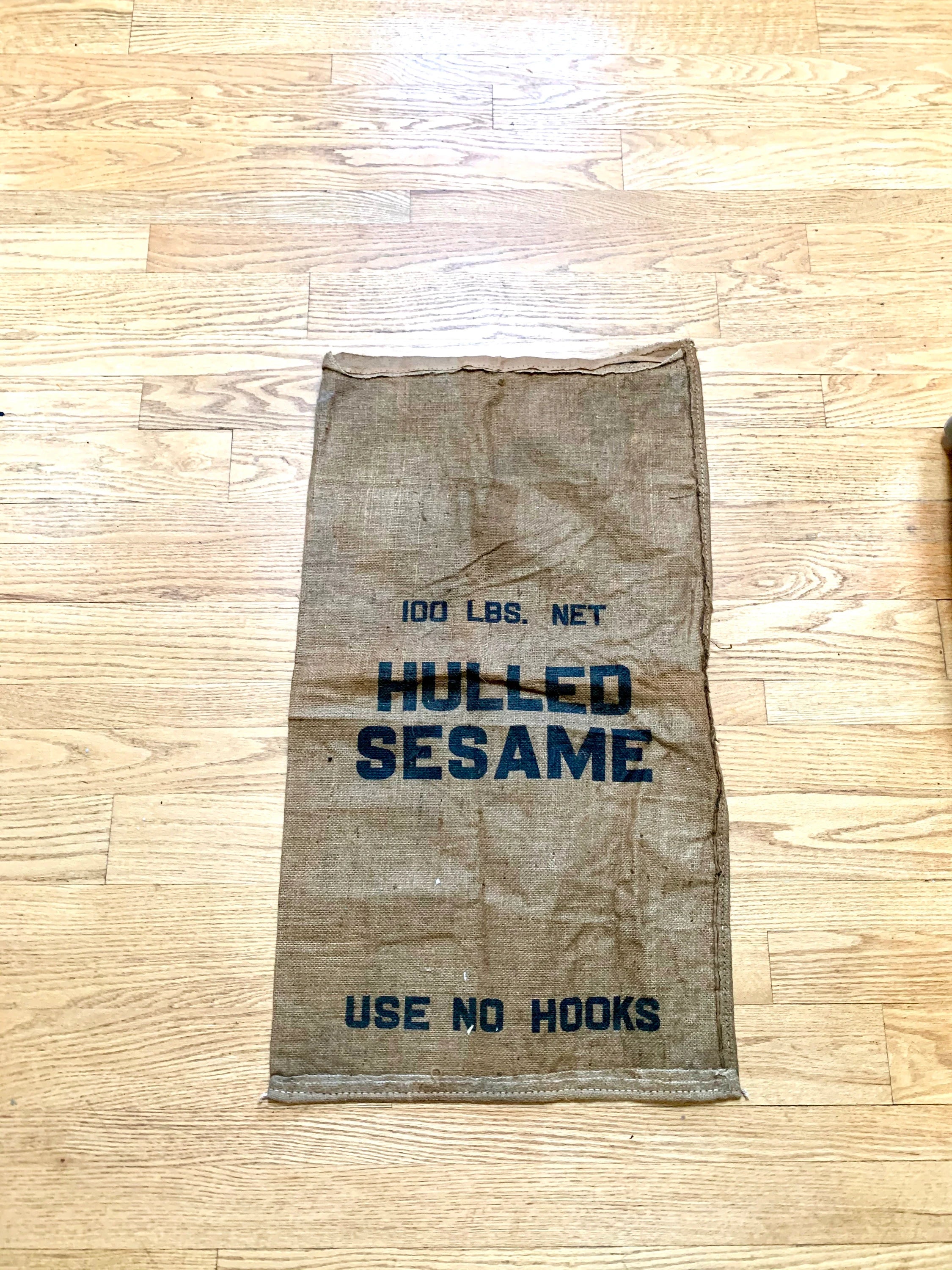Vintage Hulled Sesame Burlap Sack | Single Sided Sesame Sack | Wall Art | Pillow Case | 38" x 21" | Prop | Valley Baking Co. Waynesboro VA