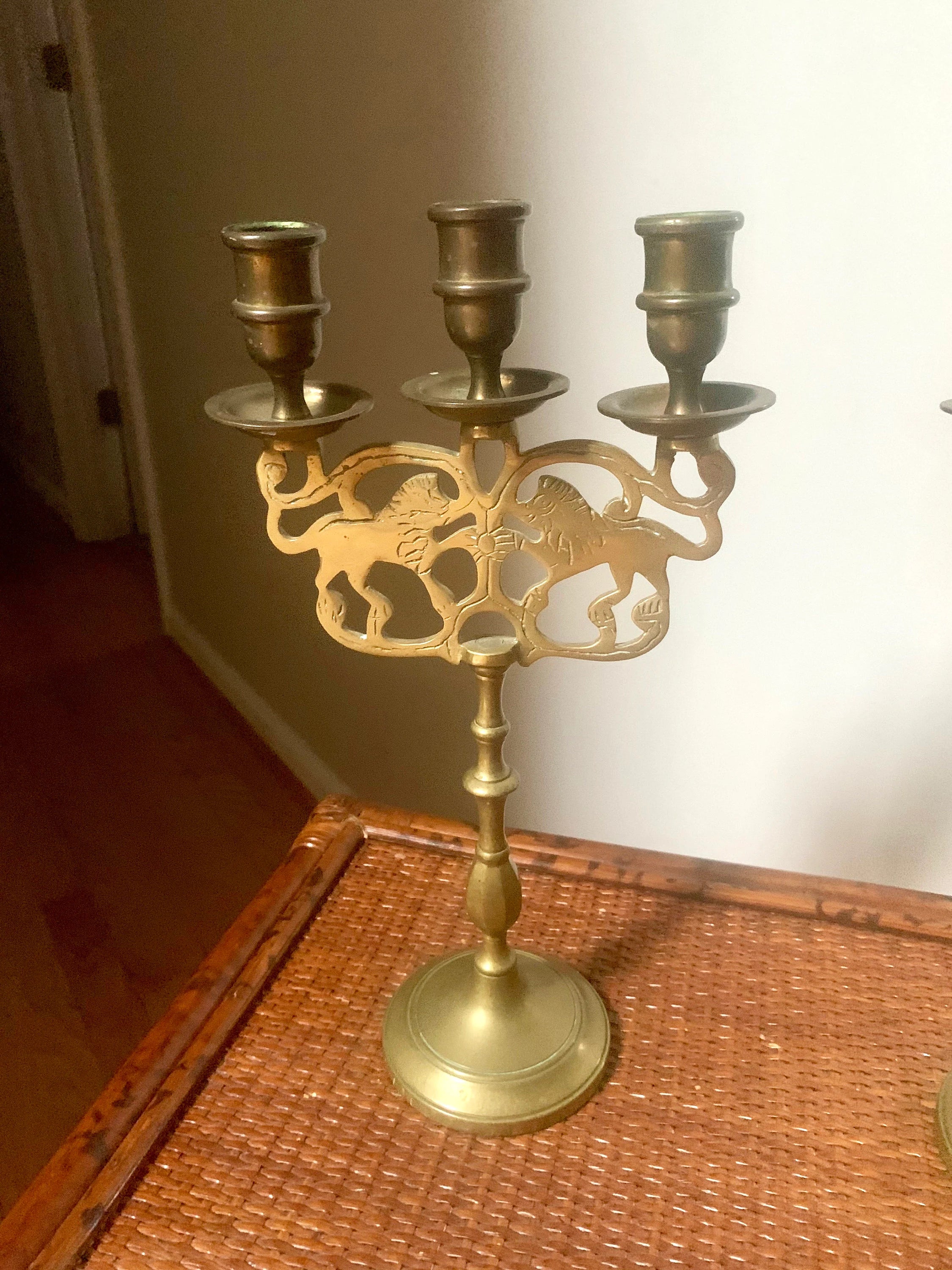 Vtg Pair of Brass Lion Of Judah Candelabra | Two Brass Lion Candle Holders | Three Tier Lion Candelabra