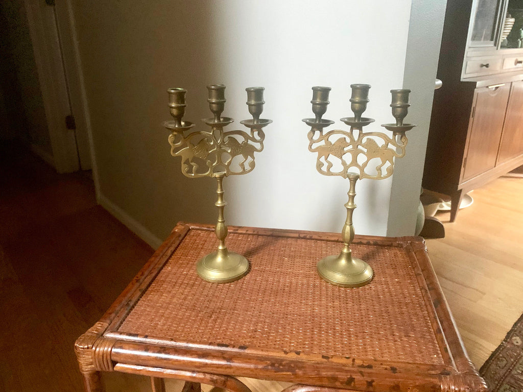 Vtg Pair of Brass Lion Of Judah Candelabra | Two Brass Lion Candle Holders | Three Tier Lion Candelabra