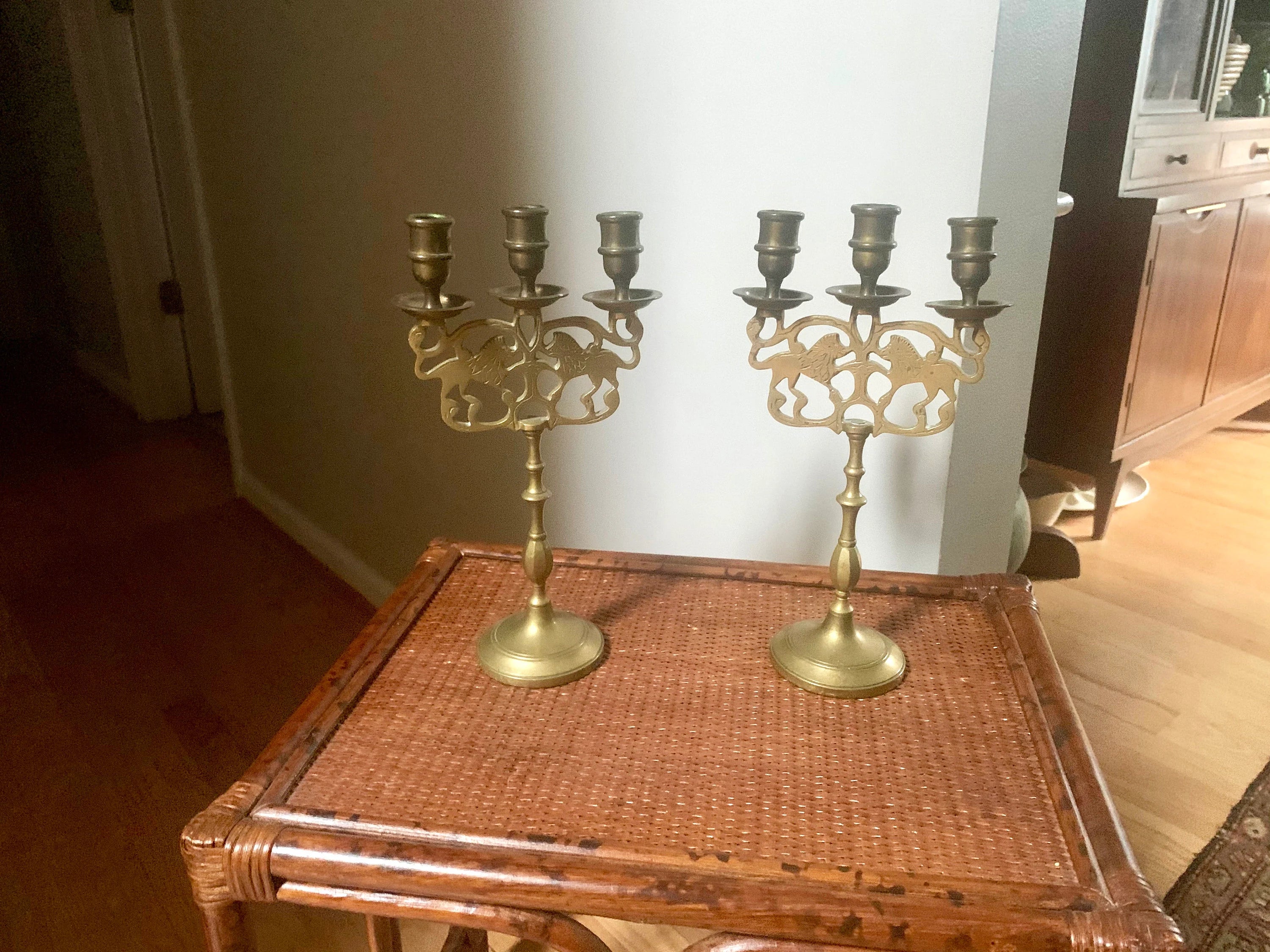 Vtg Pair of Brass Lion Of Judah Candelabra | Two Brass Lion Candle Holders | Three Tier Lion Candelabra