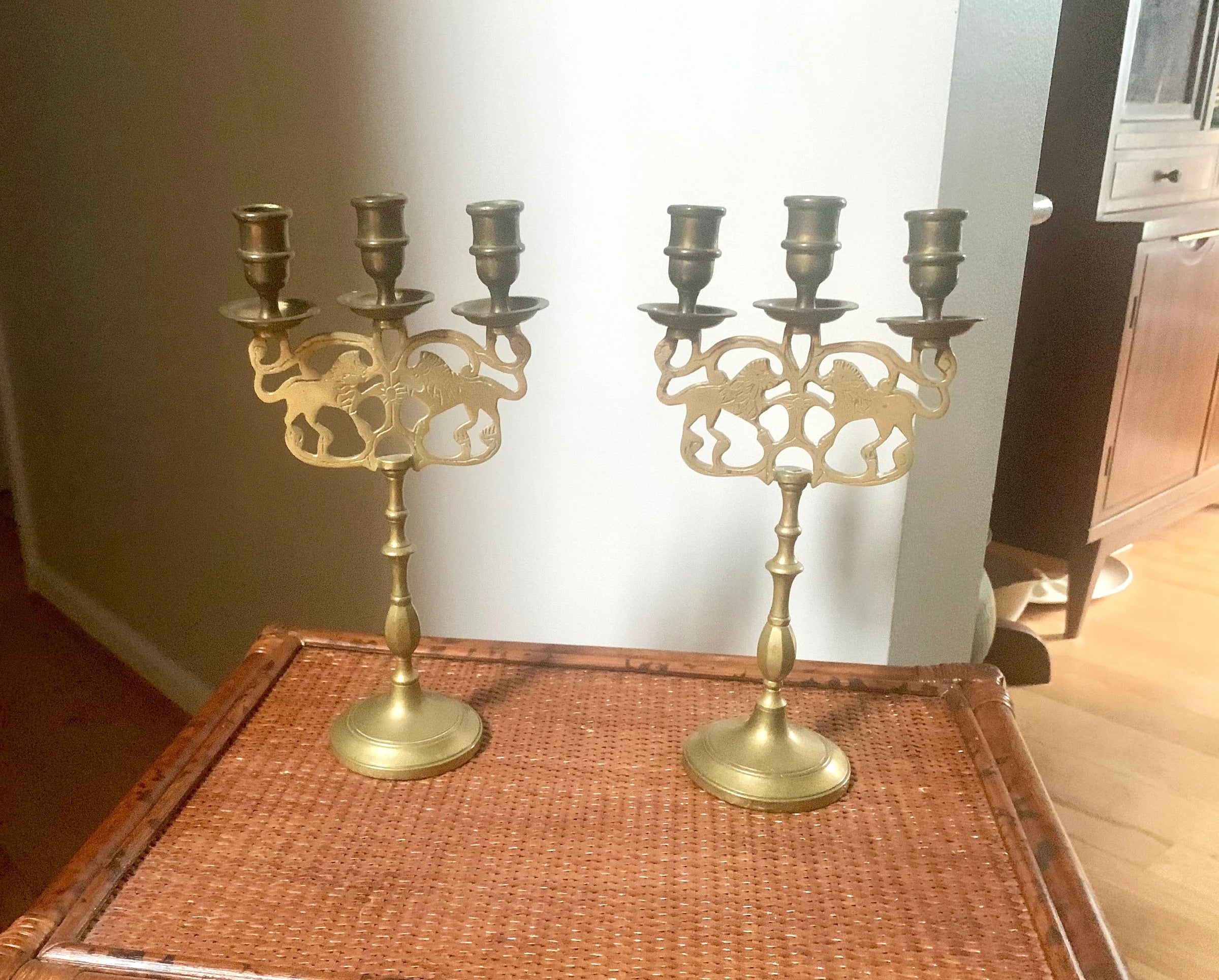 Vtg Pair of Brass Lion Of Judah Candelabra | Two Brass Lion Candle Holders | Three Tier Lion Candelabra