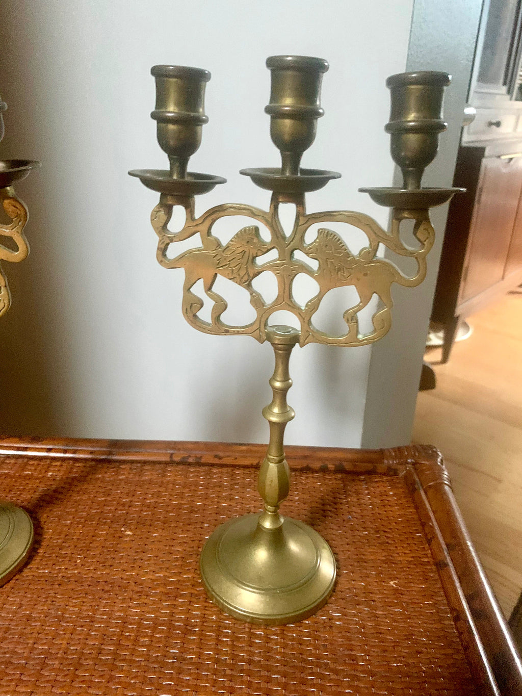 Vtg Pair of Brass Lion Of Judah Candelabra | Two Brass Lion Candle Holders | Three Tier Lion Candelabra